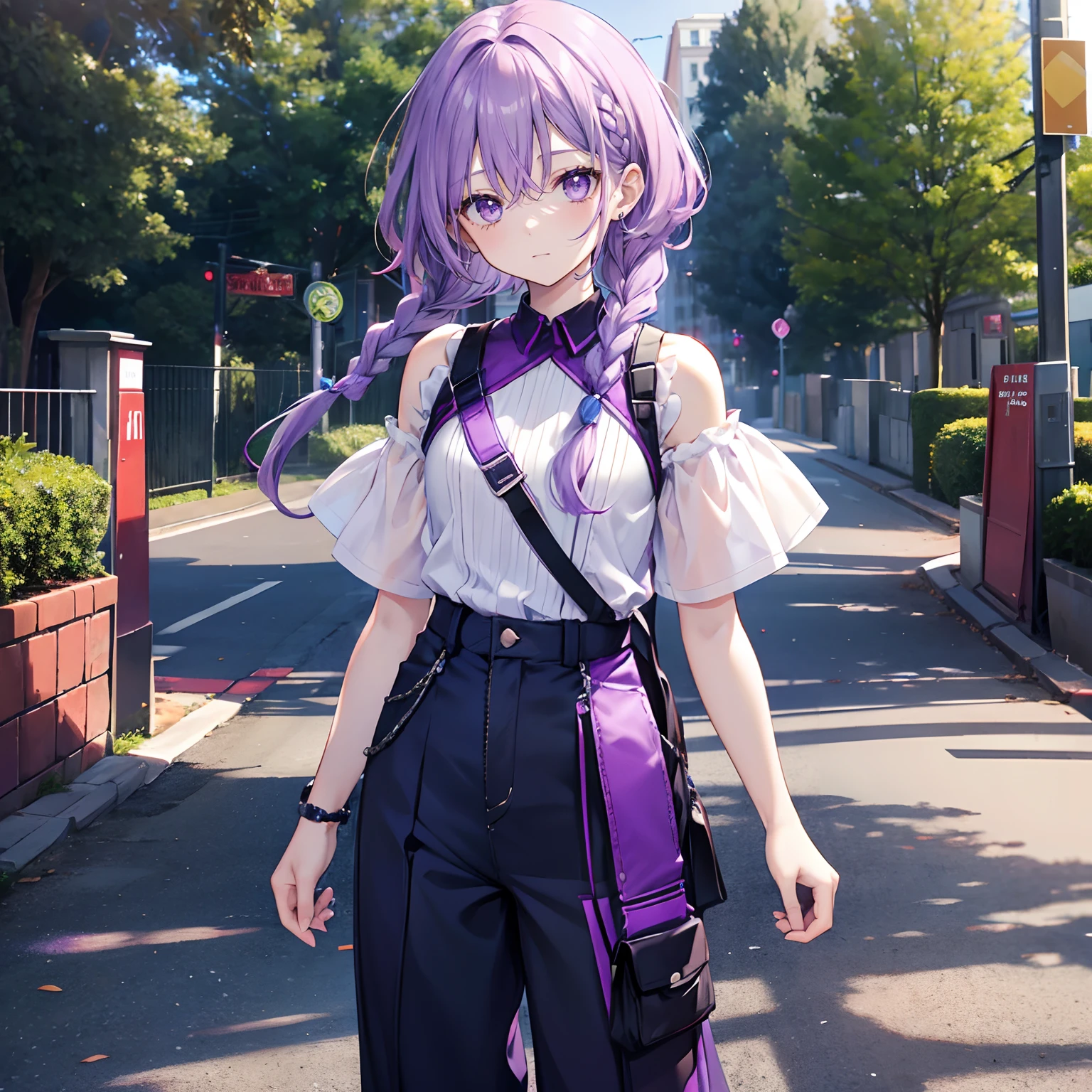 Purple colored hair，long whitr hair，Purple eyes，Twist braids，adolable，teens girl，Short sleeves with open shoulders，shorter pants，frontal photos，Fingers and arms are not exposed，family photos，Four people