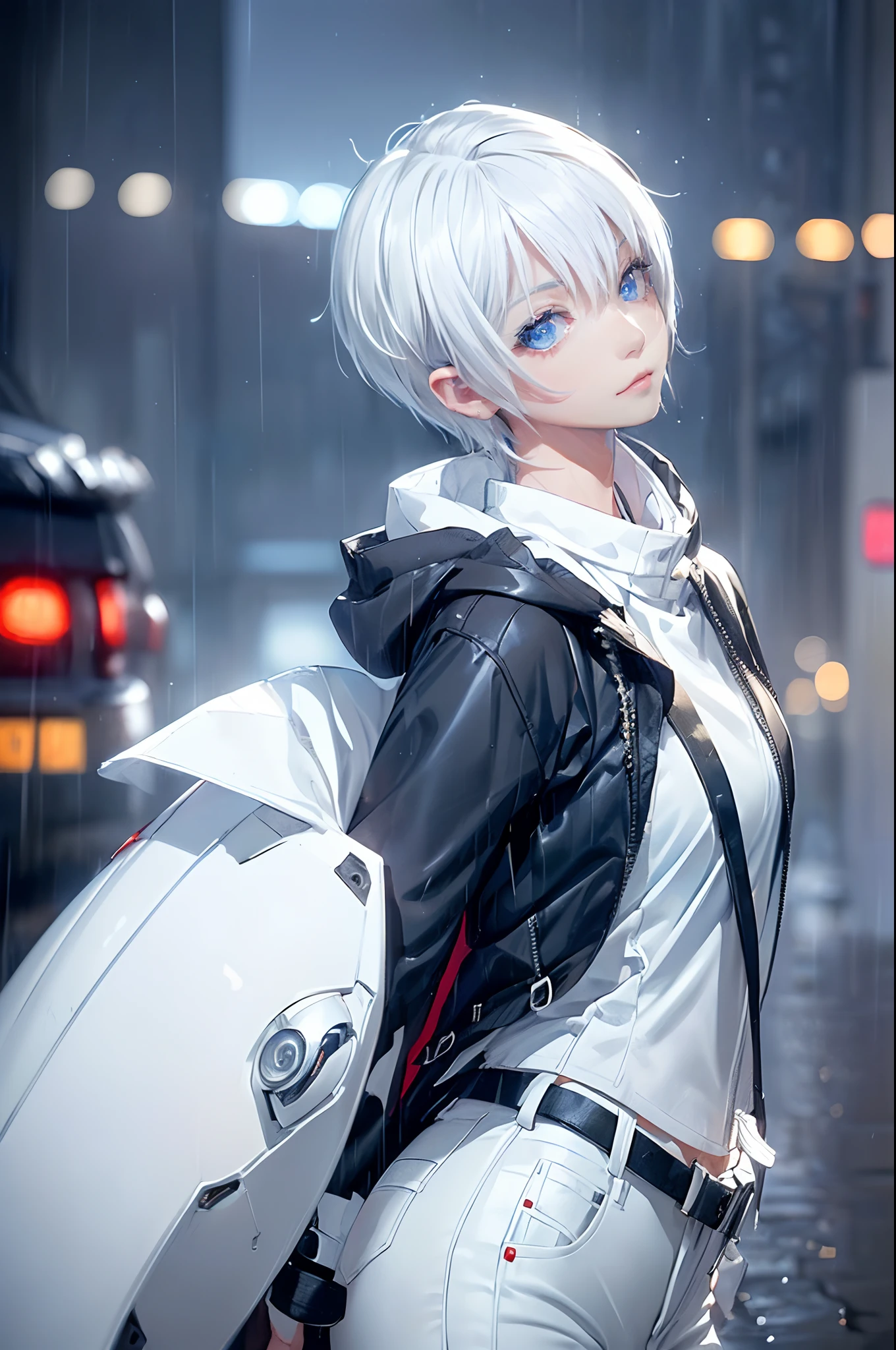 ((4K works))、​masterpiece、(top-quality)、1 beutiful girl、Slim body、tall、((Black Y-shirt and white pants、Charming street style))、Please wear one jacket、Wearing a hood to hide his face、(Detailed beautiful eyes)、Morning City、((Rainy city))、Fashionable city with morning rain、During the walk、((Face similar to Carly Rae Jepsen))、((Short-haired white hair))、((Smaller face))、((Neutral face))、((Bright blue eyes))、((American adult women))、((Adult female 26 years old))、((cool lady))、((Like a celebrity))、((Lonely look))、((Korean Makeup))、((elongated and sharp eyes))、((Happy dating))、((boyish))、((Upper body photography))、Professional Photos、((Model photo))、((Shot alone))、((She's under the roof))、((Looking up at the sky))、((photographed from the back))、((She is facing upwards))、((Her eyes are looking upwards))、((Increase the angle of the face))、((She is walking in front of the viewer))