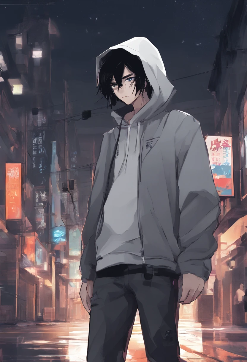 anime man, 1boy, black hair, wear grey hoodie, walking by the street, night life, lo-fi, camera side view, eyes gazing at viewer, full body view