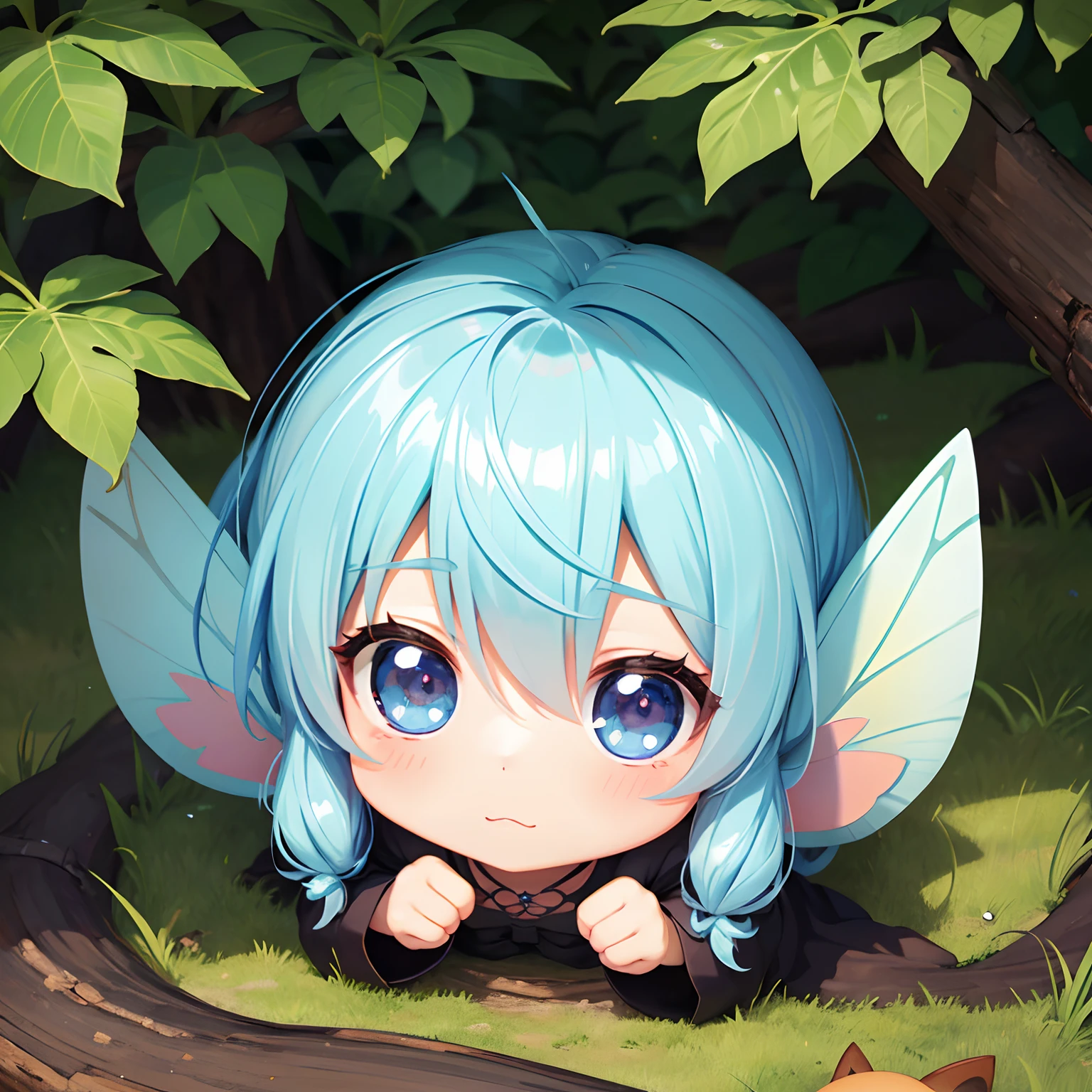 (stickers), finest image, deformed chibi characters, cute fairy peeking out from behind a tree