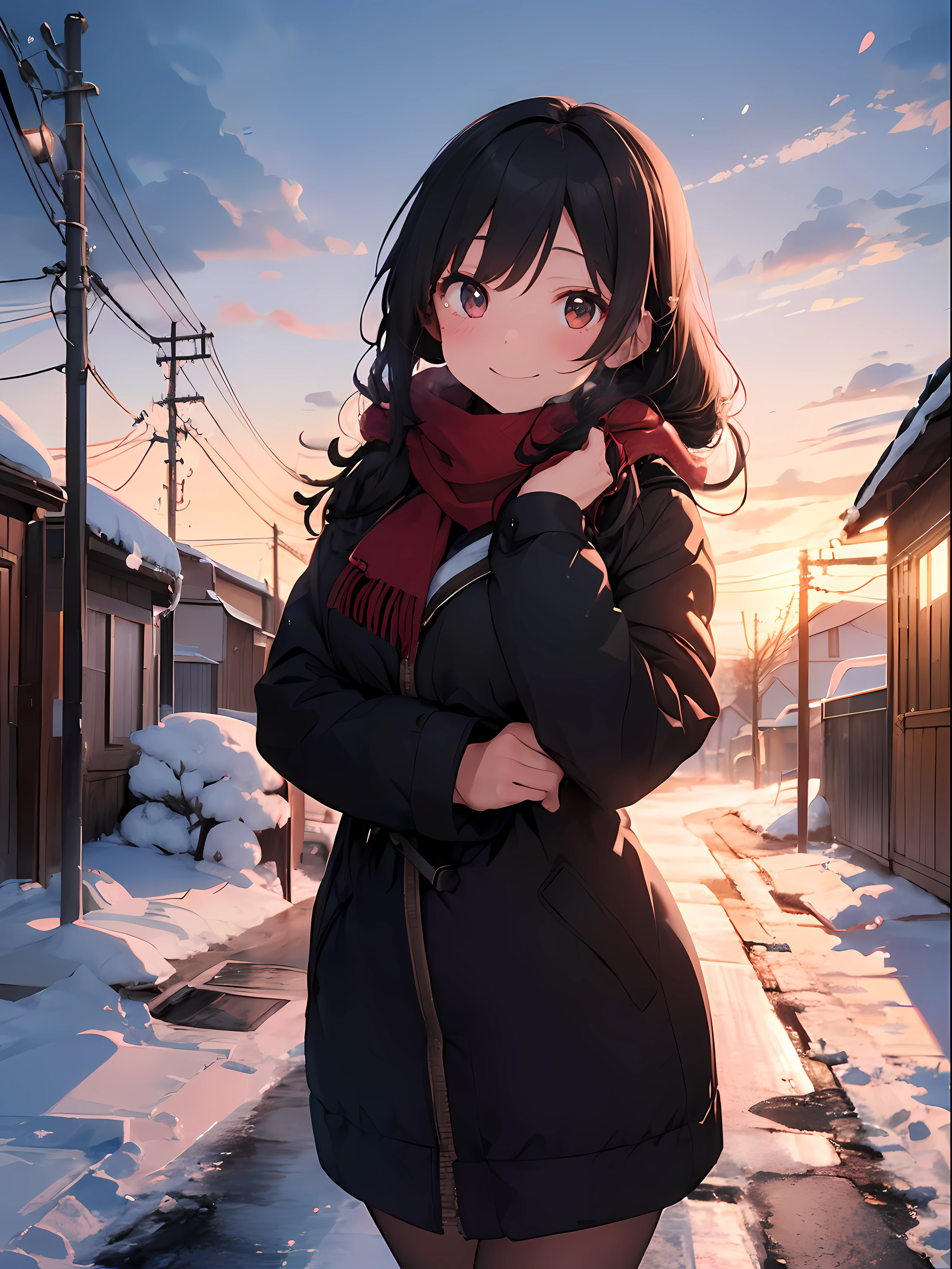winter, cold, (an opened mouthed smiling girl wearing a red scarf and long black winter coat reaching out to hug you), (cold breathe), vaporizing condensation, blush, (view from thighs area to top of head), (standing)