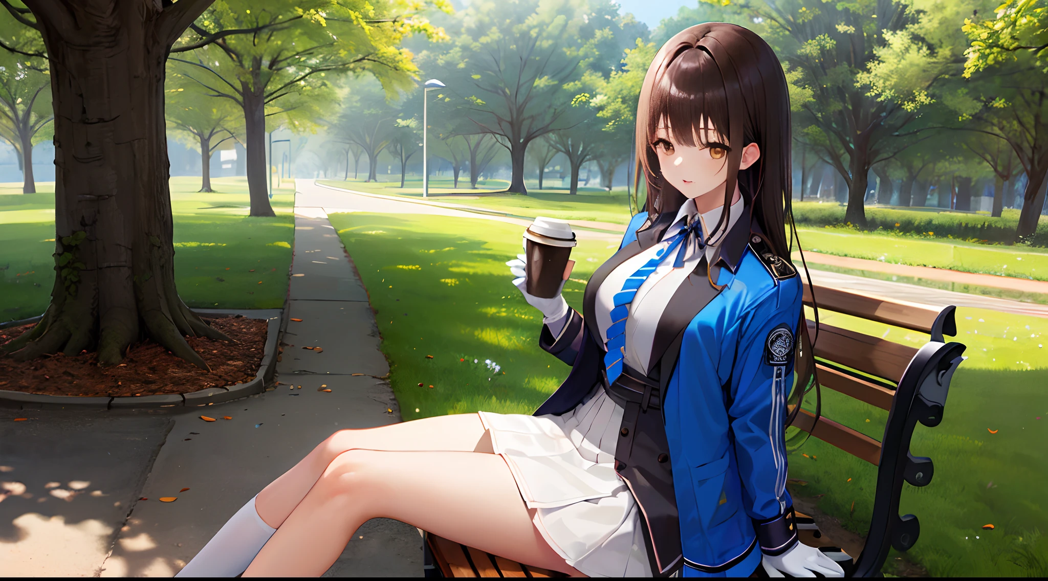 ((masutepiece, top-quality, hight resolution,1girl in,plein air, sitting on, Benches, shiny glossy skin)), Coffee on the desk,diesel \(nikke\), jacket on shoulders, White shirt, Collared shirt, Striped, blue necktie, White Gloves, White skirt