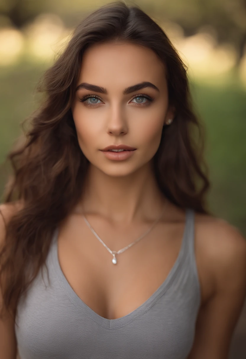 arafed woman with a white tank top and a necklace, lying at the beach, sexy girl with green eyes, portrait sophie mudd, brown hair and large eyes, selfie of a young woman, bedroom eyes, violet myers, without makeup, natural makeup, looking directly at the camera, face with artgram, subtle makeup, stunning full body shot, piercing green eyes, beautiful angle, attractive pose, cute girl, sexy pose, full body picture, full body, full body shoot, brunette goddess, high detail, satisfied pose, wearing grey skirt and boots, skirt, boots in a park with trees in the background fully visible