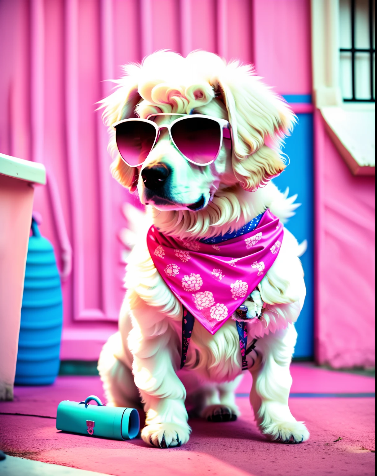 A white poodle dog drinks with sunglasses and a bandana sitting on the floor outside a building with a pink chair in the background, Every bird's song, retroonda, Una foto de archivo, maximalismo