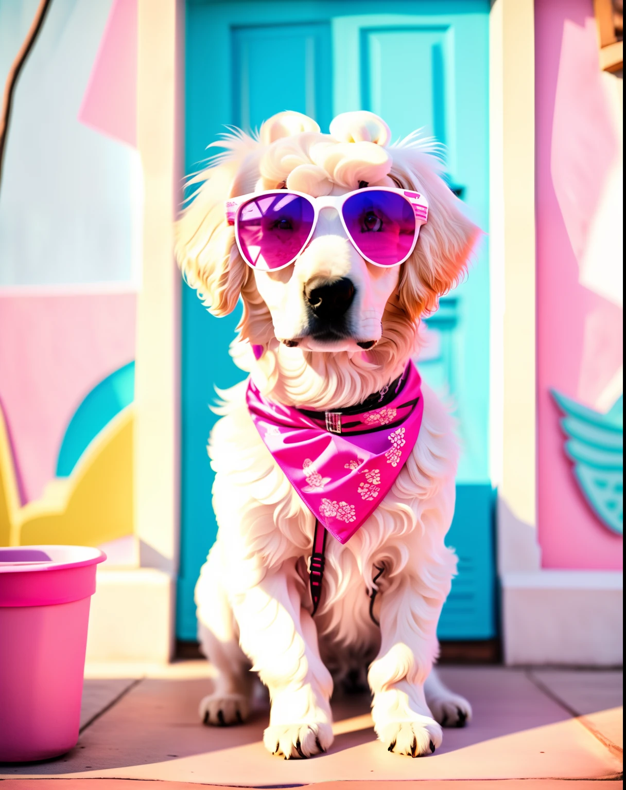 A white poodle dog drinks with sunglasses and a bandana sitting on the floor outside a building with a pink chair in the background, Every bird's song, retroonda, Una foto de archivo, maximalismo