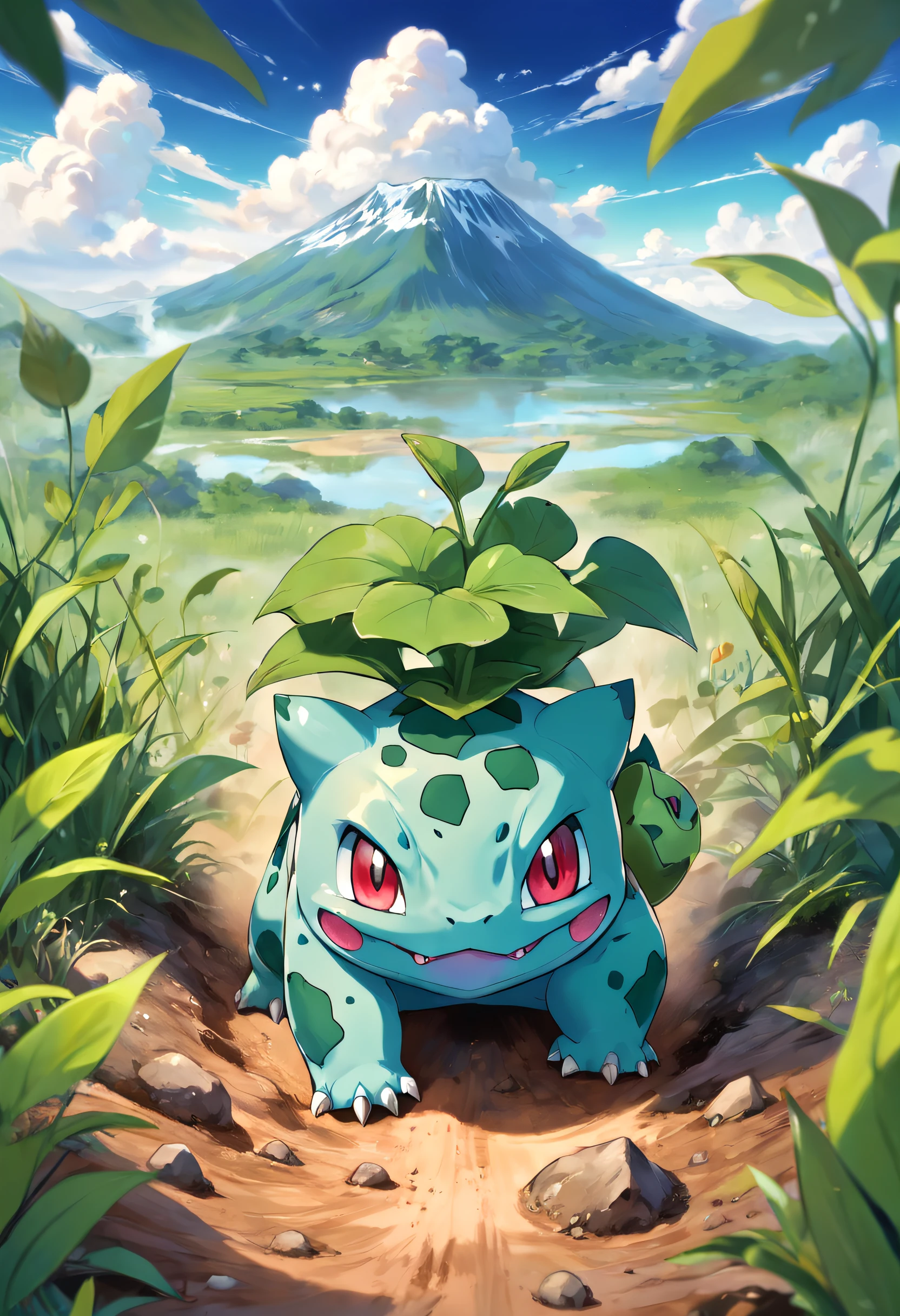 Bulbasaur Pokémon with big paws that could dig up a good amount of dirt that could be used to make mud pies, no meio da mata, landscape green coloration.