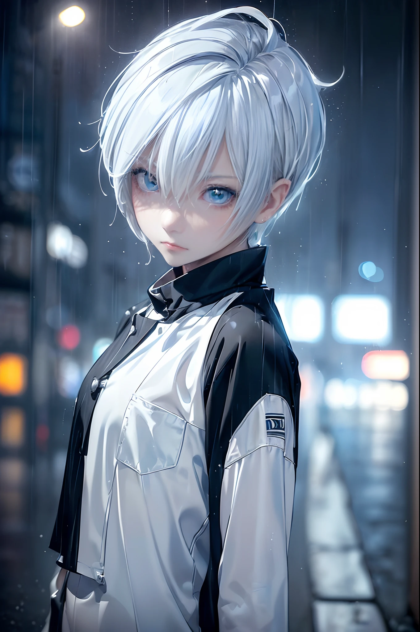 ((4K works))、masterpiece、(top-quality)、1 beutiful girl、Slim body、tall、((Black Y-shirt and white pants、Charming street style))、Please wear one jacket、Wearing a hood to hide his face、(Detailed beautiful eyes)、Morning City、((Rainy city))、Fashionable city with morning rain、During the walk、((Face similar to Carly Rae Jepsen))、((Short-haired white hair))、((Smaller face))、((Neutral face))、((Bright blue eyes))、((American adult women))、((Adult female 26 years old))、((cool lady))、((Like a celebrity))、((Lonely look))、((Korean Makeup))、((elongated and sharp eyes))、((Happy dating))、((boyish))、((Upper body photography))、Professional Photos、((Model photo))、((Shot alone))、((She's under the roof))、((Looking up at the sky))、((photographed from the back))、((She is facing upwards))、((Her eyes are looking upwards))、((Increase the angle of the face))、((She is walking in front of the viewer))