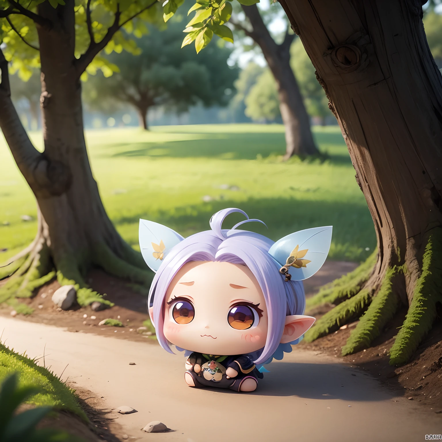 finest image, deformed chibi characters, stickers, cute fairy peeking out from behind a tree