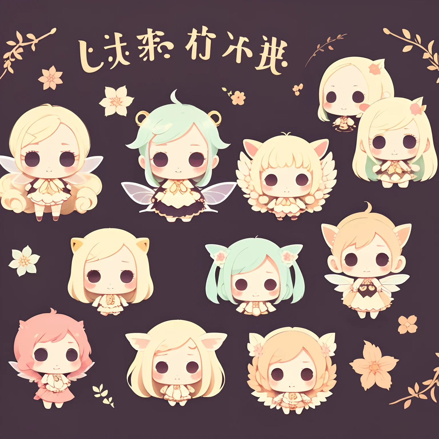 (Illustration for stickers sheet), deformed chibi characters, cute fairy, background ivory