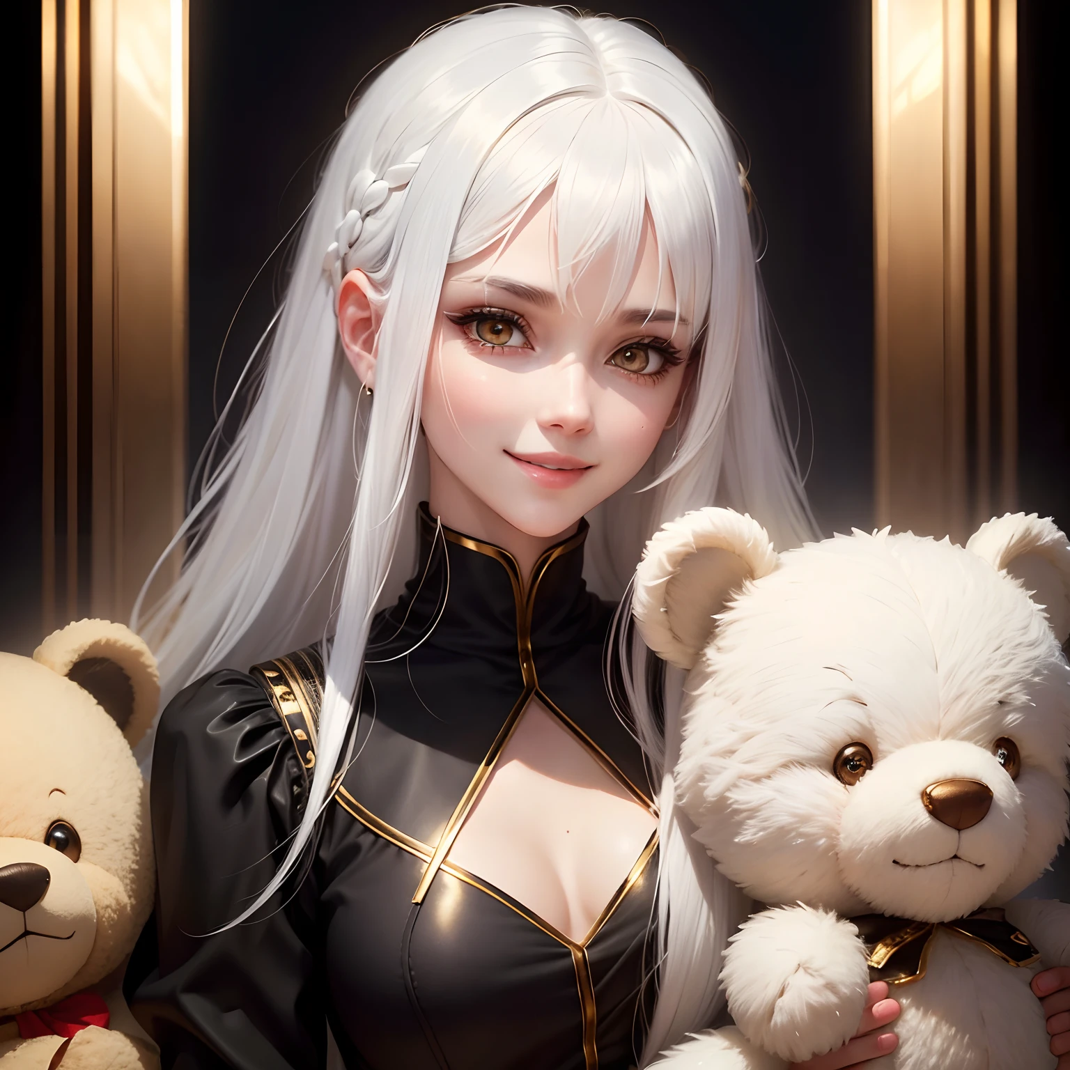 best quality, white hair, gold eyes, black clothes, looking up, upper body, hair strand, Fair skin, smiling, teddy bears