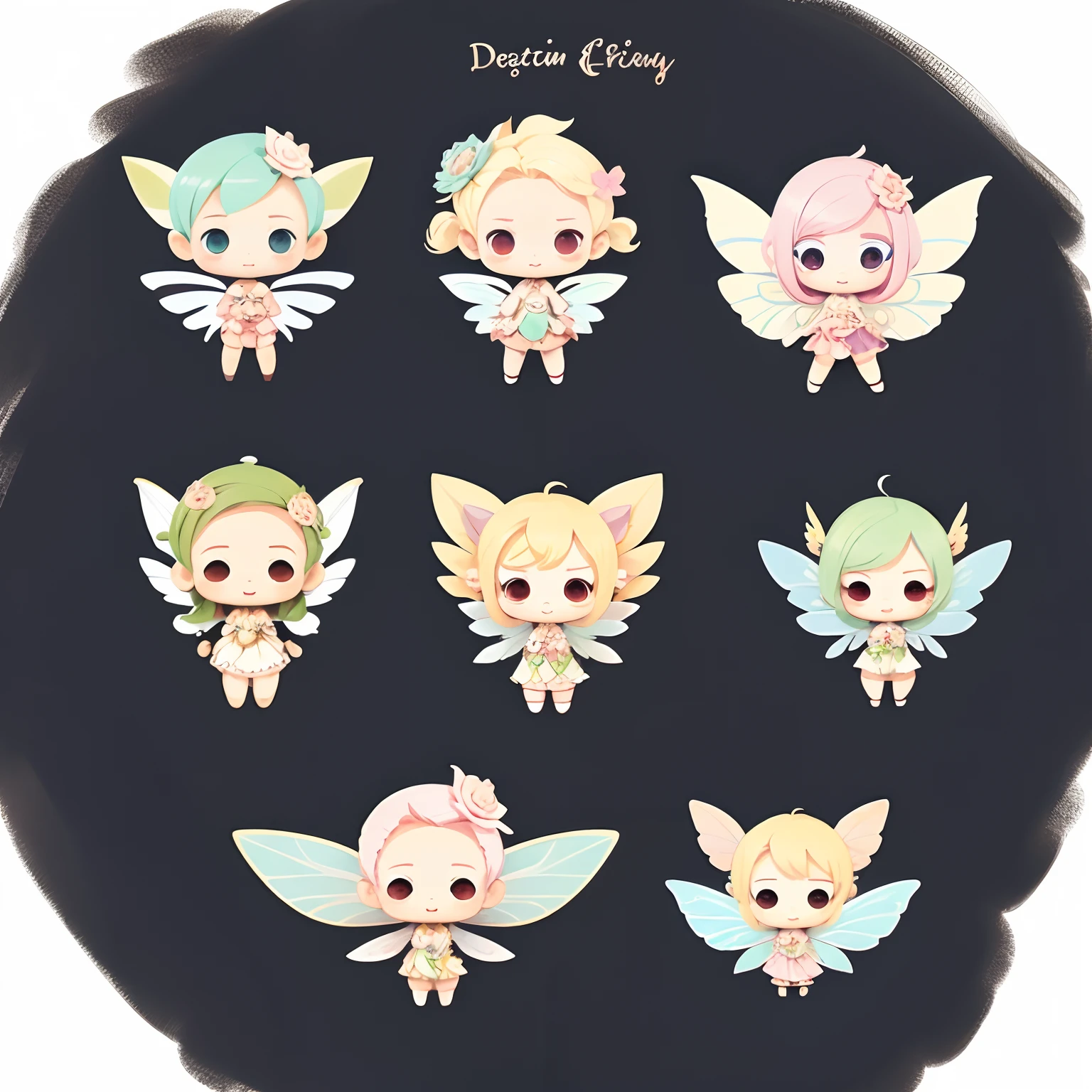 (Illustration for stickers), reference sheet, deformed chibi characters, cute fairy, background ivory