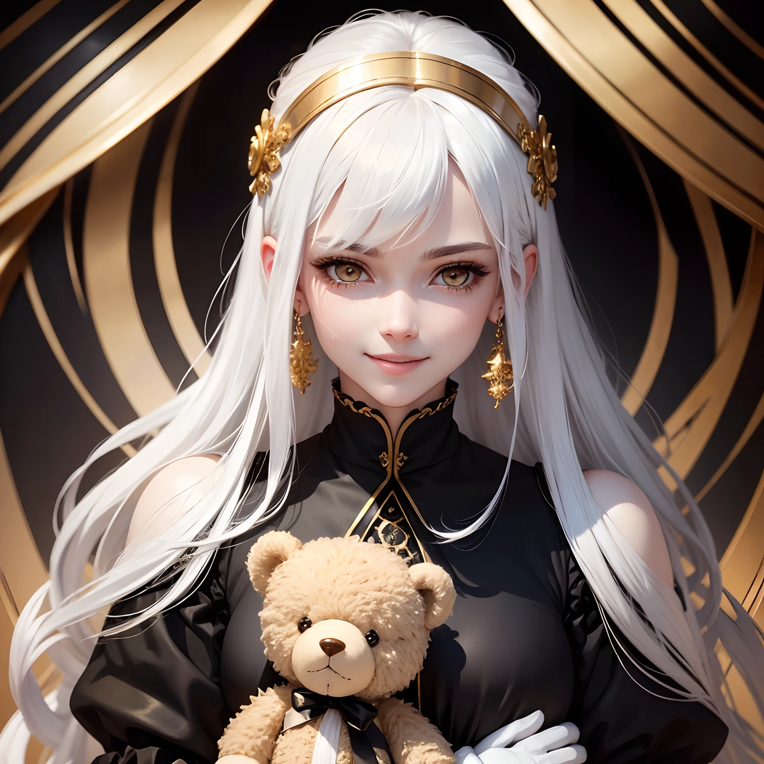 best quality, white hair, gold eyes, black clothes, looking up, upper body, hair strand, Fair skin, smiling, teddy bears