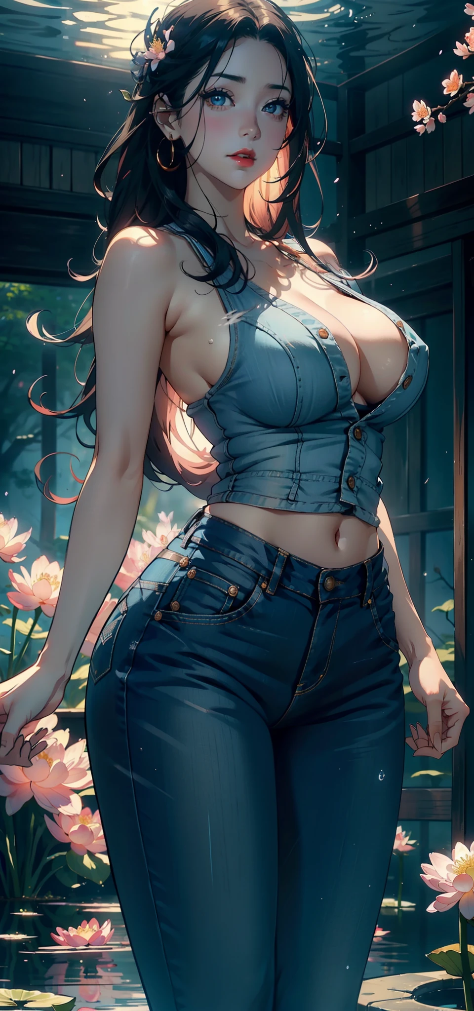 1female,45 yers old,Married Woman,熟妇,plumw,extremely large bosom, 独奏,(Background with:ponds,Cherry blossom forest,lotus flower)standing underwater, She has long pink hair,seen from the front,, mostly cloudy sky,(((tmasterpiece),(Very detailed CG unity 8K wallpaper),best qualtiy,cinmatic lighting,detailed back ground,beatiful detailed eyes,Bright pupils,Black eyes,Snow-whiteskin,Redlip(Very fine and beautiful),(Beautiful and detailed eye description),ultra - detailed,tmasterpiece,))facing at camera,A high resolution,ultra - detailed),revealing breasts,Bare genitalia, Bulge,legs are open,Raised sexy,Camel toes,Desire for dissatisfaction,frontage,(Wearing:Blue denim vest,denim short,Bare )