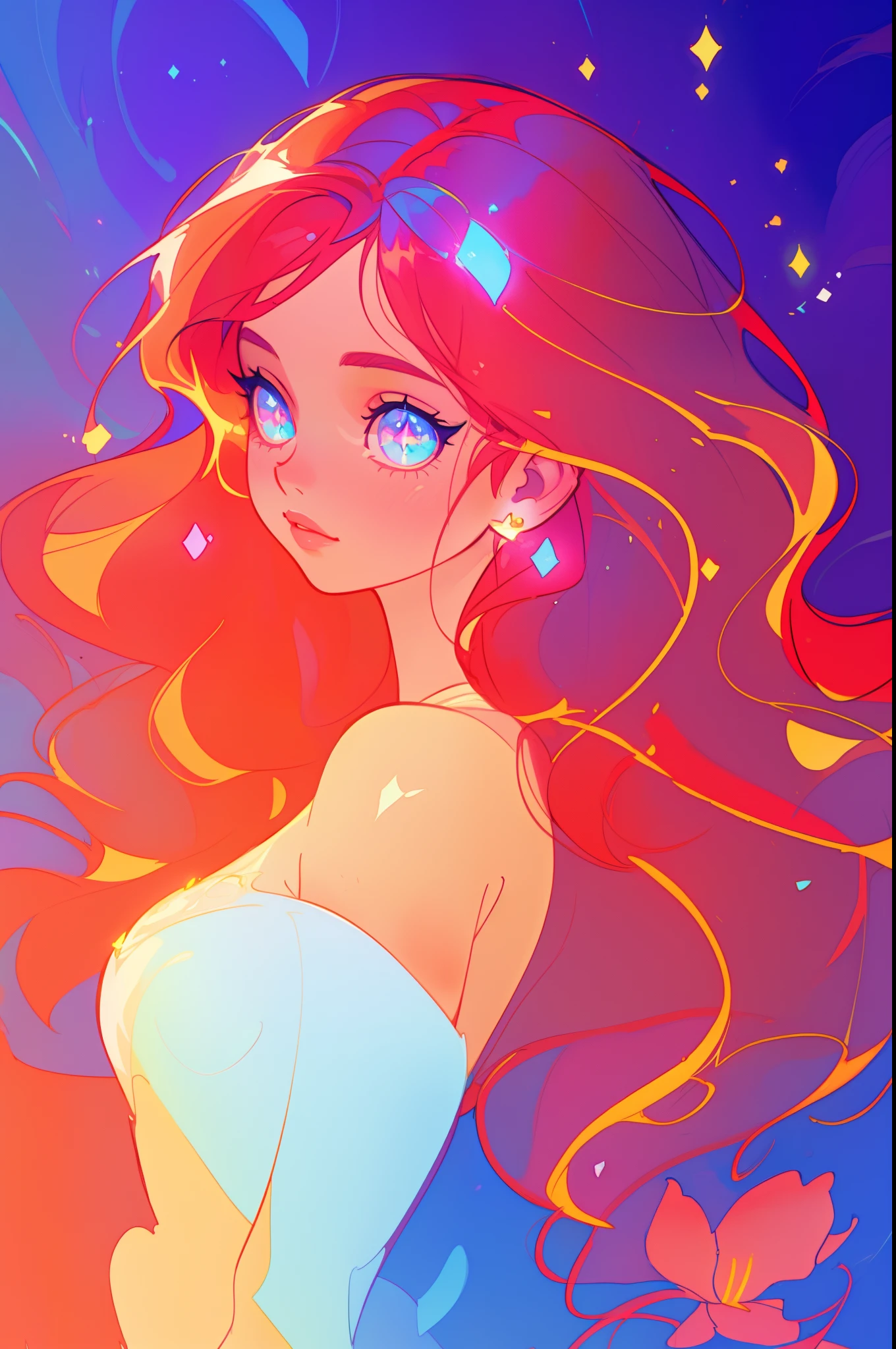 beautiful girl portrait, vibrant pastel colors, (colorful), magical lights, long flowing red hair, inspired by Glen Keane, inspired by Lois van Baarle, disney art style, by Lois van Baarle, glowing aura around her, by Glen Keane, jen bartel, glowing lights! digital painting, flowing glowing hair, glowing flowing hair, beautiful digital illustration, fantasia background, whimsical, magical, fantasy, beautiful face, ((masterpiece, best quality)), intricate details, highly detailed, sharp focus, 8k resolution, sparkling detailed eyes, liquid watercolor, golden ratio, flowers in her hair