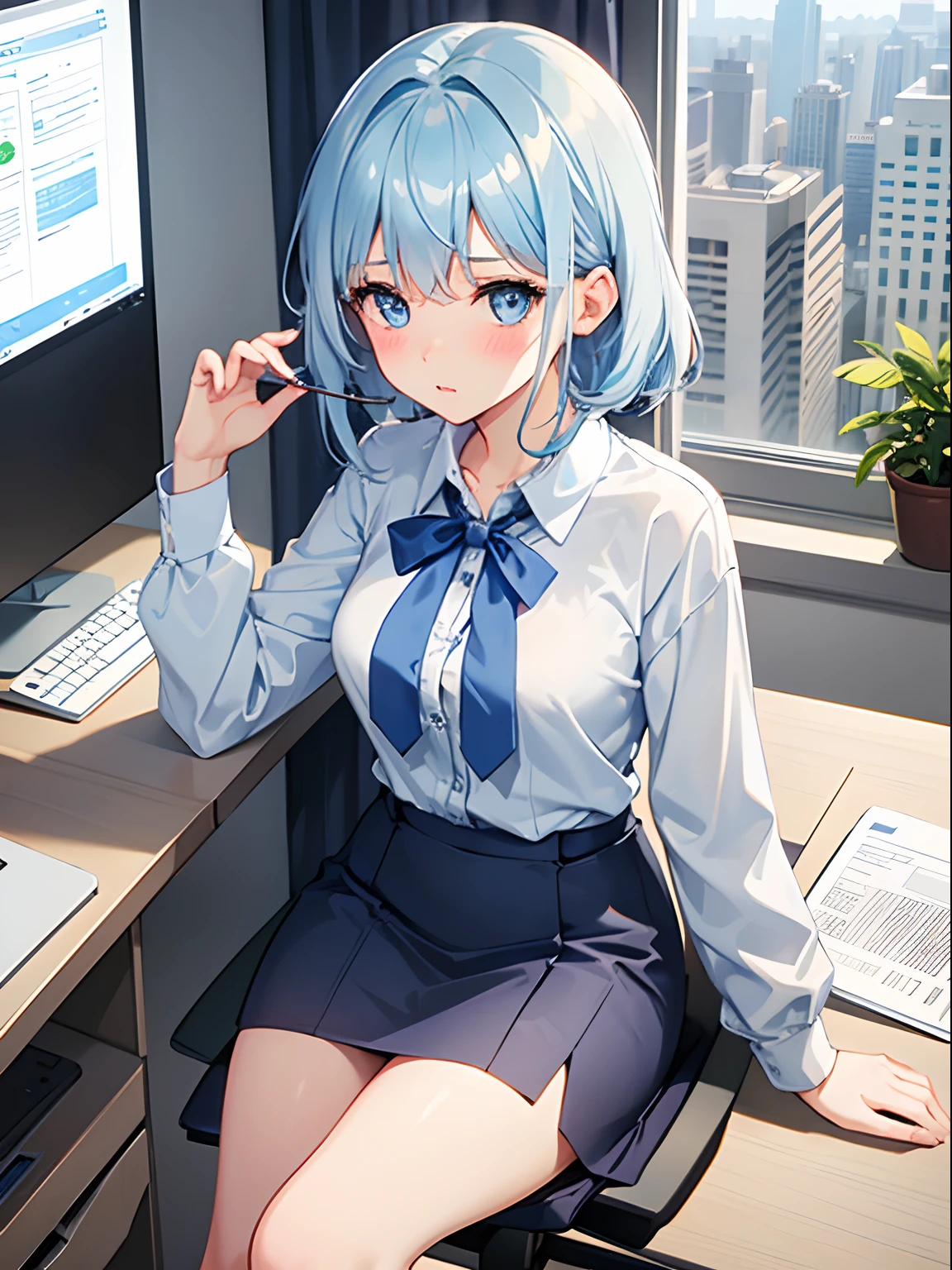 1girl in,Light Blue Medium Hair,Tying hair,Light blue eyes,Cute,blush,medium breasts, Office Wear, office room, Best Quality++,Highest Quality++