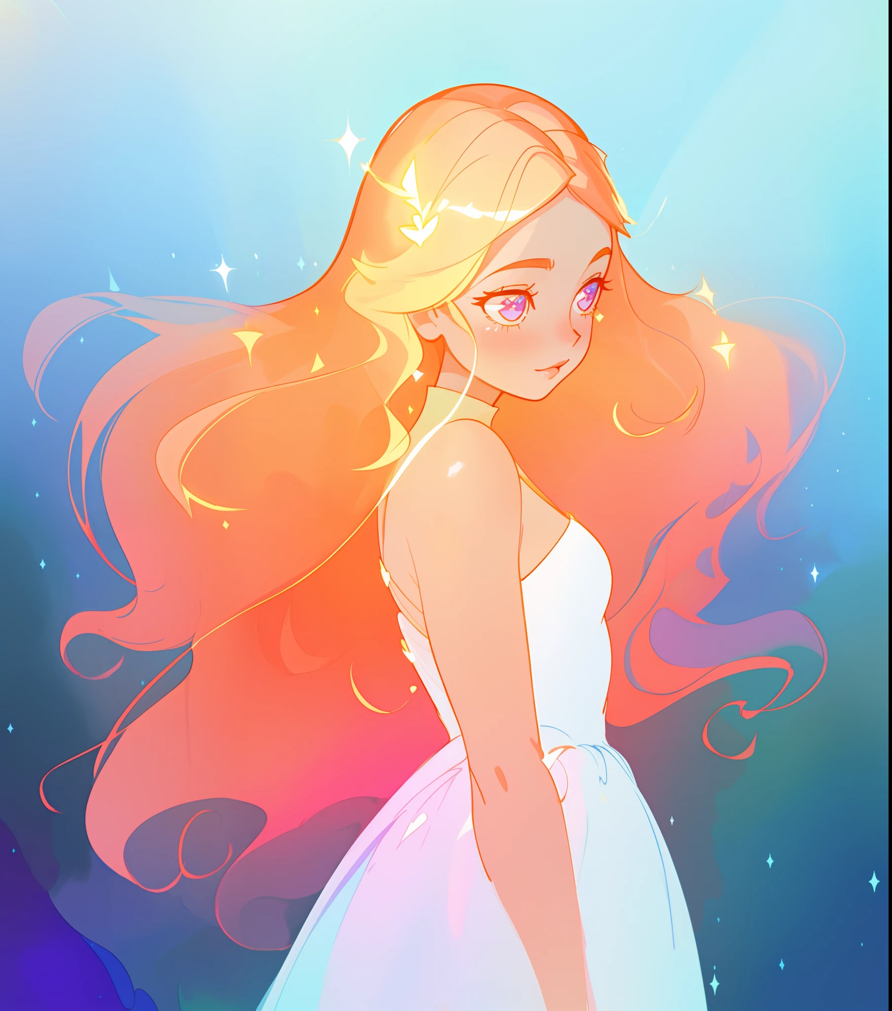 beautiful anime girl in white princess ballgown, vibrant pastel colors, (colorful), magical lights, red and gold long wavy curly hair, sparkling lines of light, inspired by Glen Keane, inspired by Lois van Baarle, disney art style, by Lois van Baarle, glowing aura around her, by Glen Keane, jen bartel, glowing lights! digital painting, flowing glowing hair, glowing flowing hair, beautiful digital illustration, fantasia background, whimsical, magical, fantasy, beautiful face, ((masterpiece, best quality)), intricate details, highly detailed, sharp focus, 8k resolution, sparkling detailed eyes, liquid watercolor
