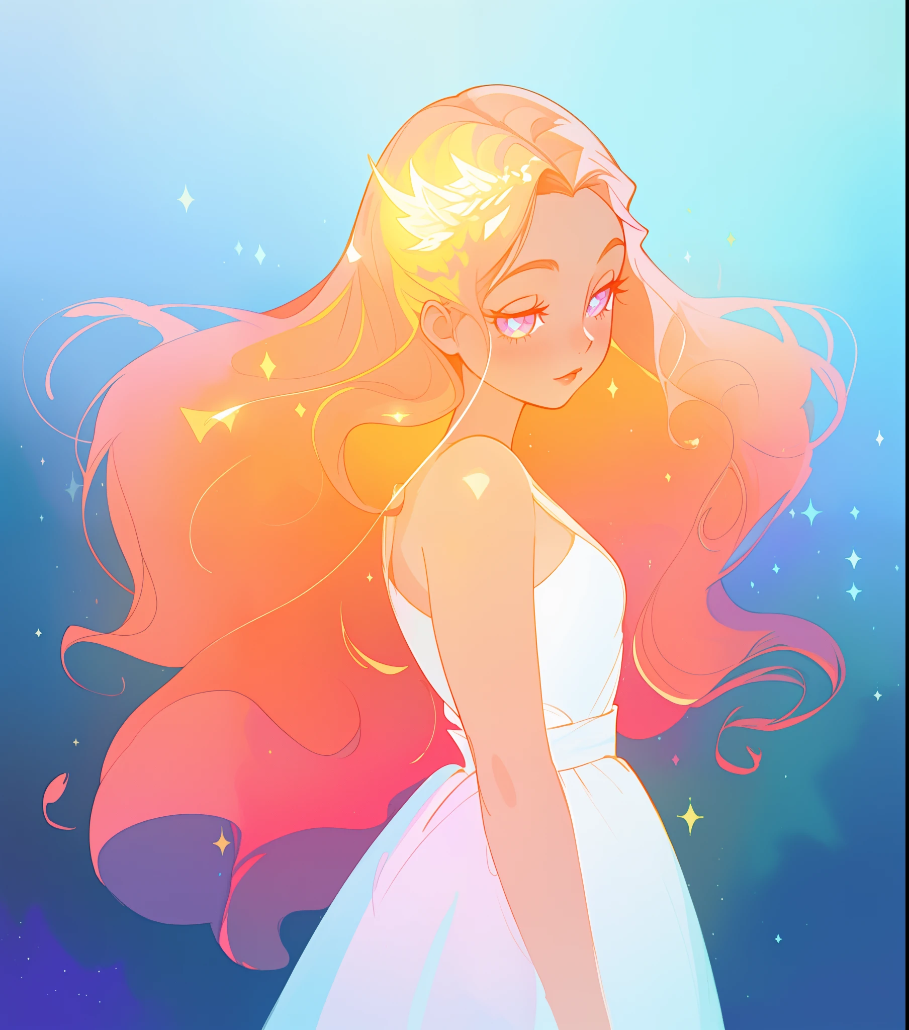 beautiful anime girl in white princess ballgown, vibrant pastel colors, (colorful), magical lights, red and gold long wavy curly hair, sparkling lines of light, inspired by Glen Keane, inspired by Lois van Baarle, disney art style, by Lois van Baarle, glowing aura around her, by Glen Keane, jen bartel, glowing lights! digital painting, flowing glowing hair, glowing flowing hair, beautiful digital illustration, fantasia background, whimsical, magical, fantasy, beautiful face, ((masterpiece, best quality)), intricate details, highly detailed, sharp focus, 8k resolution, sparkling detailed eyes, liquid watercolor