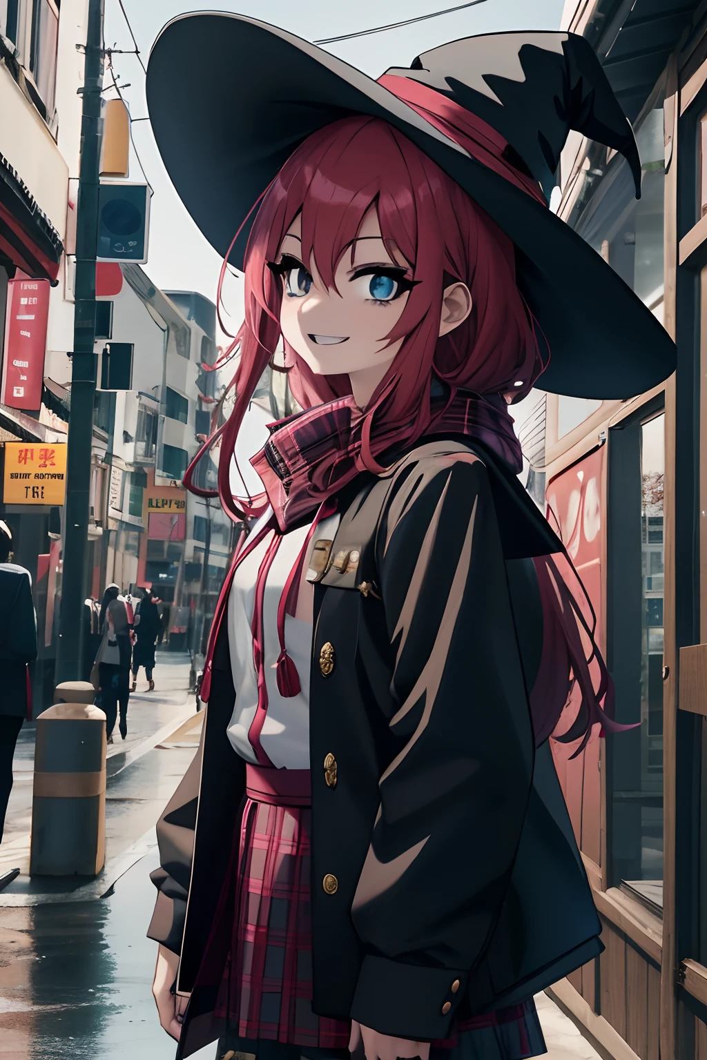 Anime girl in a witch hat and dress of ordinary student, Plaid skirt standing in a corner, sorrindo, feliz, alegre, Estilo anime 4K, 4k anime wallpapers, 4k anime wallpapers, papel de parede anime 4k, retrato bonito do anime, Anime Art Wallpaper 4K, Anime Art Wallpaper 4K, Estilo anime misturado com Fujifilm, Anime Art Wallpaper 8K, Estilo anime. 8k, anime retrato