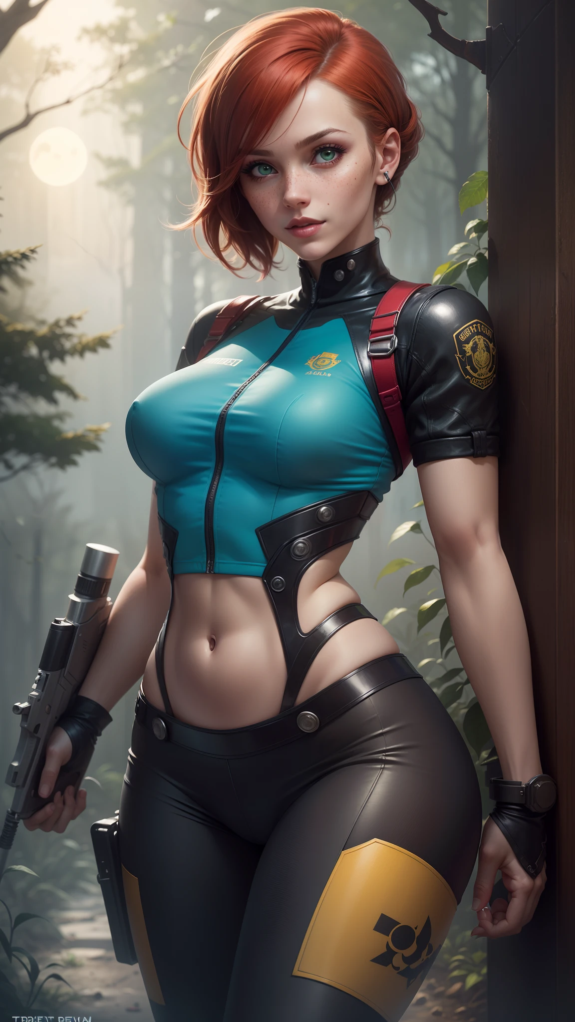 gwen tennyson,1girl,tracer,jill valentine, rebecca chambers,overwatch,resident evil,close up,mecha pilot,body paint, haunted forest,tattoos,blue and gray plugsuit,hair pin,steel short sleeve silk top,steel leggings,uncovered belly, short hair,cute makeup,green eyes,red and gold hair,shy smile,freckles, redhead,beautiful girl,large breasts, ultra detailed,realistic,fantasy art, military uniform,steel armor,haunted lab,moonlight,police uniform,zombies, holding a handgun,