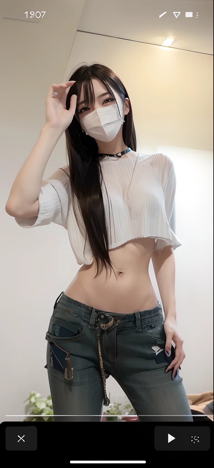 Arad woman posing for photo wearing mask and jeans, Her navel was exposed, belly button showing, Slender waist, photo of slim girl model, 2 4 year old female model, Sexy look, photo of slim girl, Thin waist, gorgeous chinese models, Sexy body, beautiful midriff, sexy body and sexy abdomen, wearing sexy cropped top