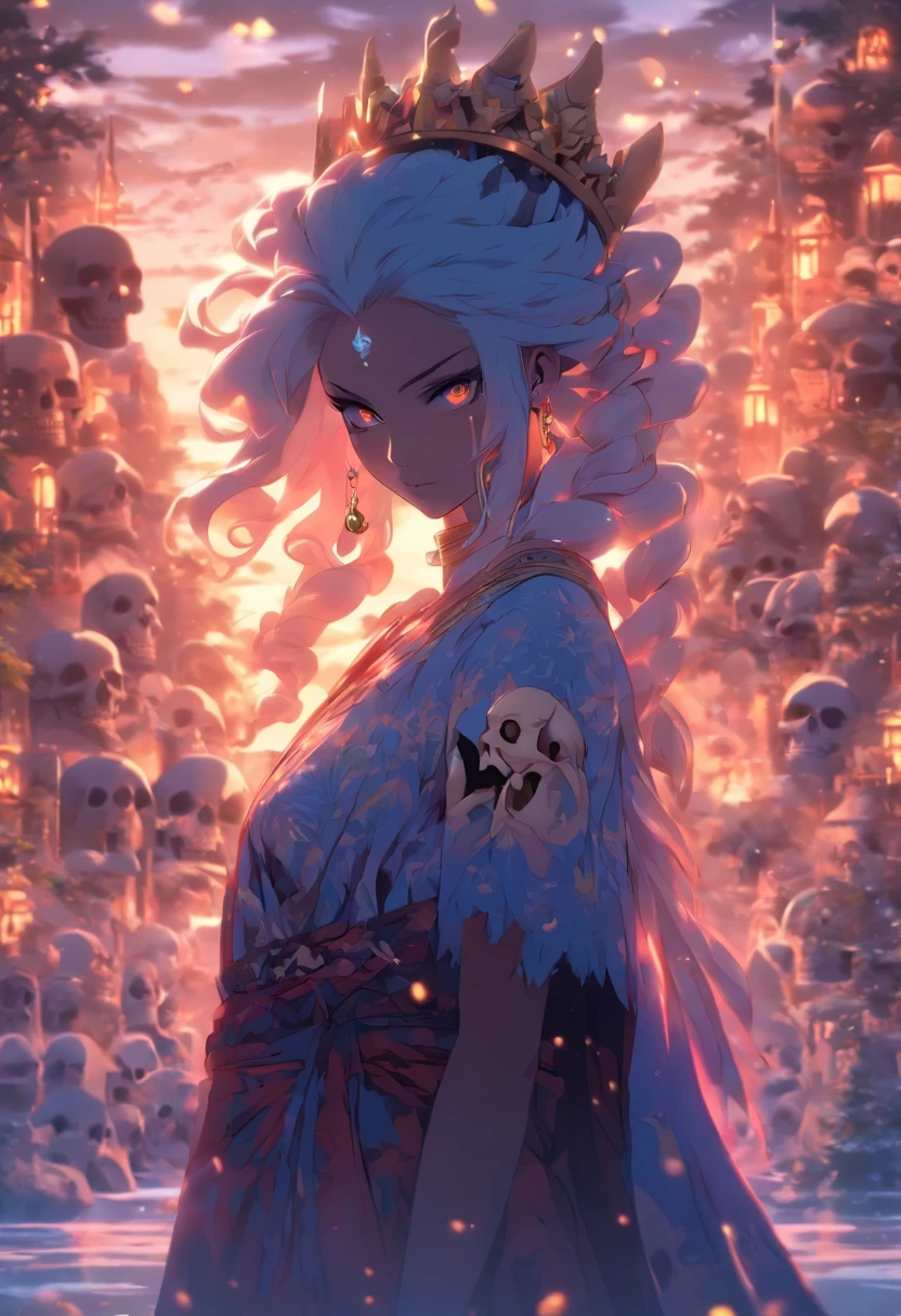 (((Goddess with human and skull face))) best quality, very high resolution, 4K detailed CG, masterpiece, Norse mythology, HEL, trees in the background, Scandinavia, standing pose, crocodile head, Norse clothing , northern city, snow, ((Goddess of the dead)), aesthetics, beautiful image, centered on screen, standing pose