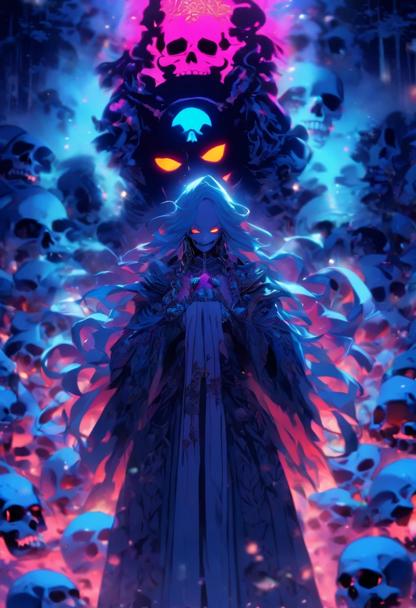 (((Goddess with human and skull face))) best quality, very high resolution, 4K detailed CG, masterpiece, Norse mythology, HEL, trees in the background, Scandinavia, standing pose, crocodile head, Norse clothing , northern city, snow, ((Goddess of the dead)), aesthetics, beautiful image, centered on screen, standing pose