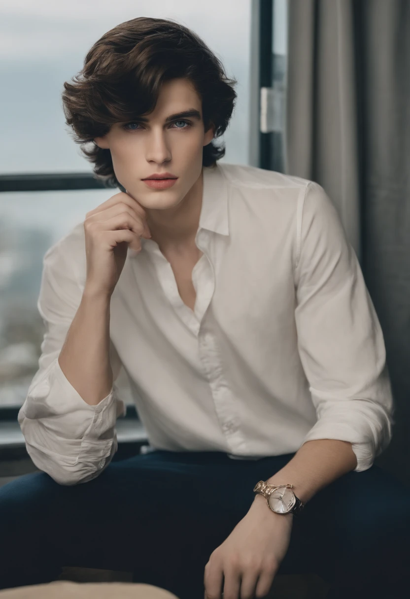 A 20-year-old boy has pale skin, Black and medium hair, grayish blue eyes and is shorter. Ele usa um moletom largo em cor escura. Outro garoto tem 22 anos, tem a pele escura, cabelo castanho claro e ondulado, dark eyes and it's tall. Ele usa uma camisa. The two of them are sitting at a table, each on one side, eating cereal without looking at each other, They're embarrassed