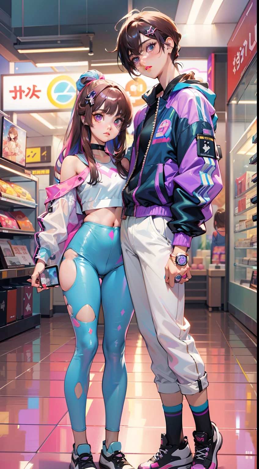 ((Masterpiece)), best quality, absurderes, ultra detailed, holographic, cowboy shot, golden ratio, super cute girl, mature girl, idol girl, super beautiful asian girl with very beautiful violet glowing eyes, beautiful glowing brown multicolored hair, high ponytail, nice and sexy body, slim body, perfect body, wearing a super tight anime printed leotard, an anime printed super tight off shoulder long sleeve crop top, a super aesthetic transparent mini jacket, beautiful hair ornament, pink jordan tennis, being photographed in a mall shop, with her handsome otaku skinny boyfriend, with black messy glowing hair