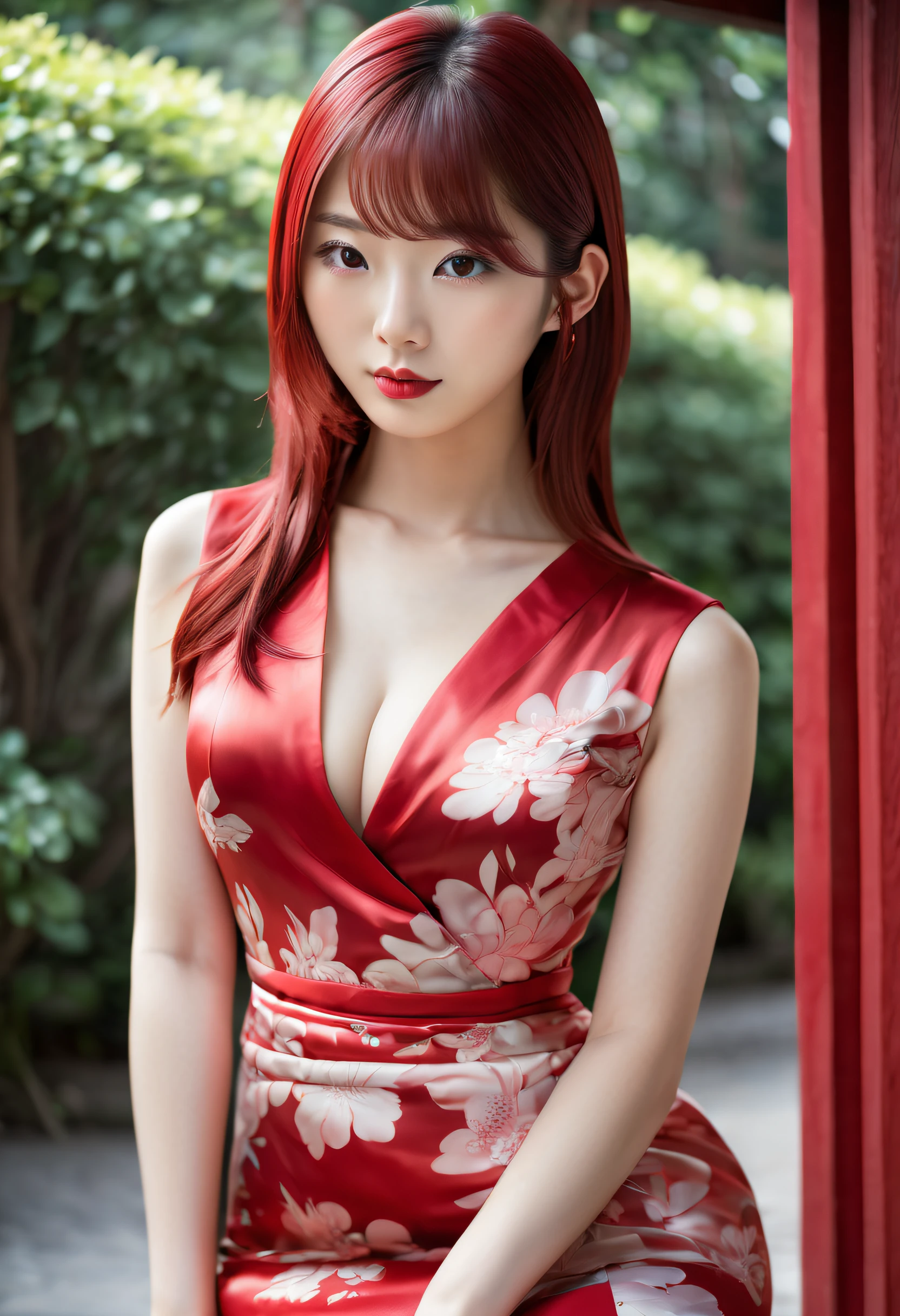 Beautiful Japanese 18 year old woman, silk qipao, photorealistic, masterpiece, tight clothes, large breasts, lipstick, beautiful face, seductive, cute, silk kimono, red hair