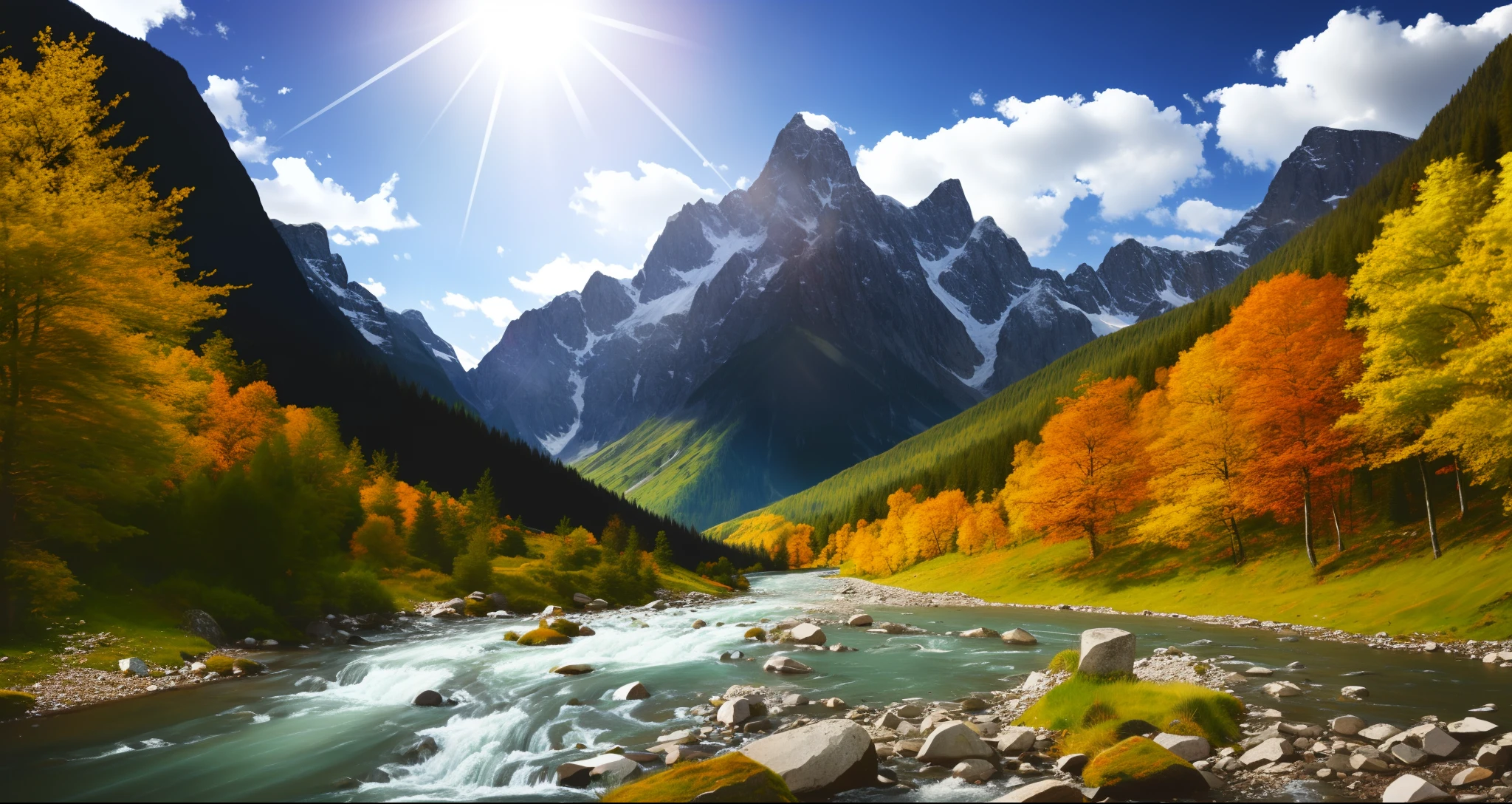 detailed background, masterpiece, best quality, scenery, mountains, river, forest, sun, day, clouds