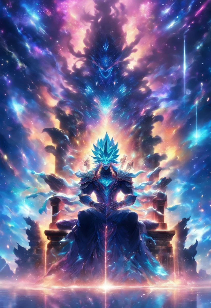 A majestic god of the galaxy sitting on a magnificent throne, with a mysterious masked face. They exude strength with their muscular physique and possess a captivating appearance. The image should have a futuristic aesthetic, resembling concept art from a sci-fi movie. The colors should be cool-toned, with a hint of cosmic hues. The god's chair should be ornate and grand, reflecting their divine status. The image should be highly detailed, with intricate designs and textures. The overall composition should be balanced and visually striking. --s 150 --ar 1:1 --niji 5