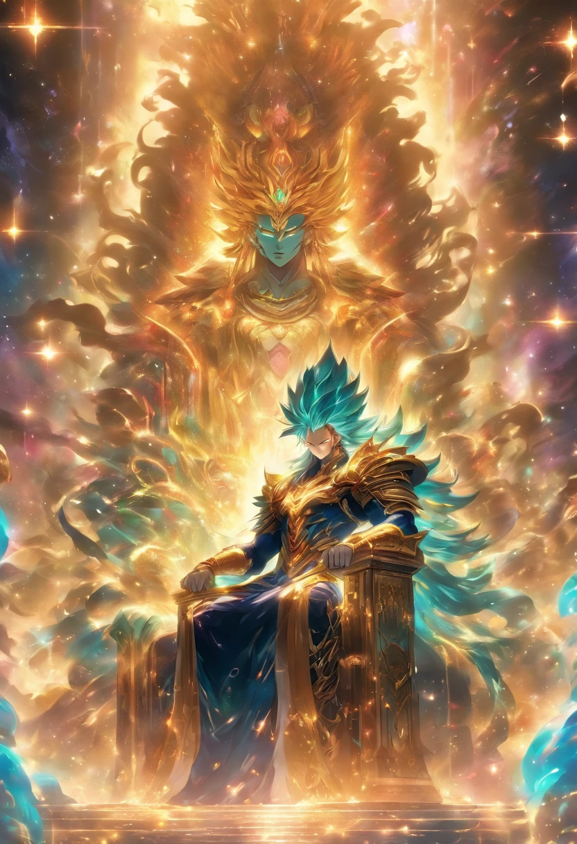 A majestic god of the galaxy sitting on a magnificent throne, with a mysterious masked face. They exude strength with their muscular physique and possess a captivating appearance. The image should have a futuristic aesthetic, resembling concept art from a sci-fi movie. The colors should be cool-toned, with a hint of cosmic hues. The god's chair should be ornate and grand, reflecting their divine status. The image should be highly detailed, with intricate designs and textures. The overall composition should be balanced and visually striking. --s 150 --ar 1:1 --niji 5