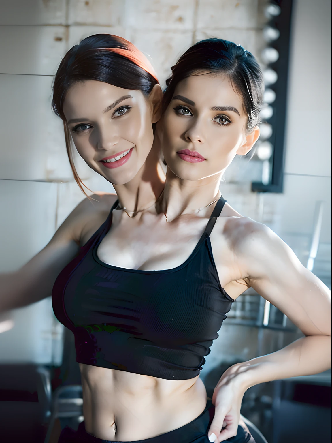 (((Two Heads))), woman in a black top posing for a picture, anna nikonova aka newmilky, wearing a black cropped tank top, wearing a cropped black tank top, crop top, belle delphine, she is wearing a black tank top, wearing a sexy cropped top, official product photo, amouranth, bralette