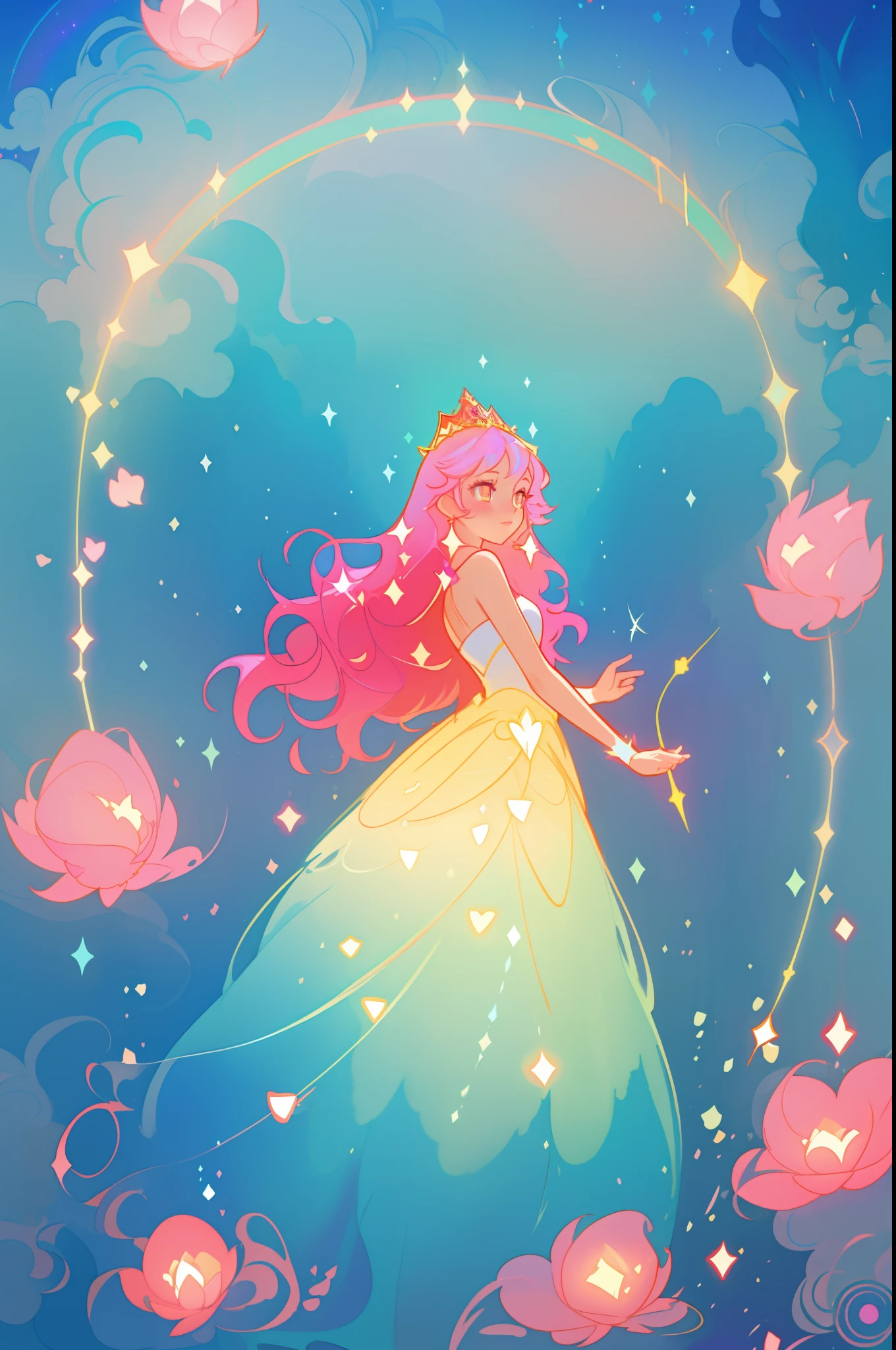 beautiful anime girl in white princess ballgown, vibrant pastel colors, (colorful), magical lights, magical flowers, red long wavy hair, sparkling lines of light, inspired by Glen Keane, inspired by Lois van Baarle, disney art style, by Lois van Baarle, glowing aura around her, by Glen Keane, jen bartel, glowing lights! digital painting, flowing glowing hair, glowing flowing hair, beautiful digital illustration, fantasia background, whimsical, magical, fantasy, beautiful face, ((masterpiece, best quality)), intricate details, highly detailed, sharp focus, 8k resolution, sparkling detailed eyes, liquid watercolor