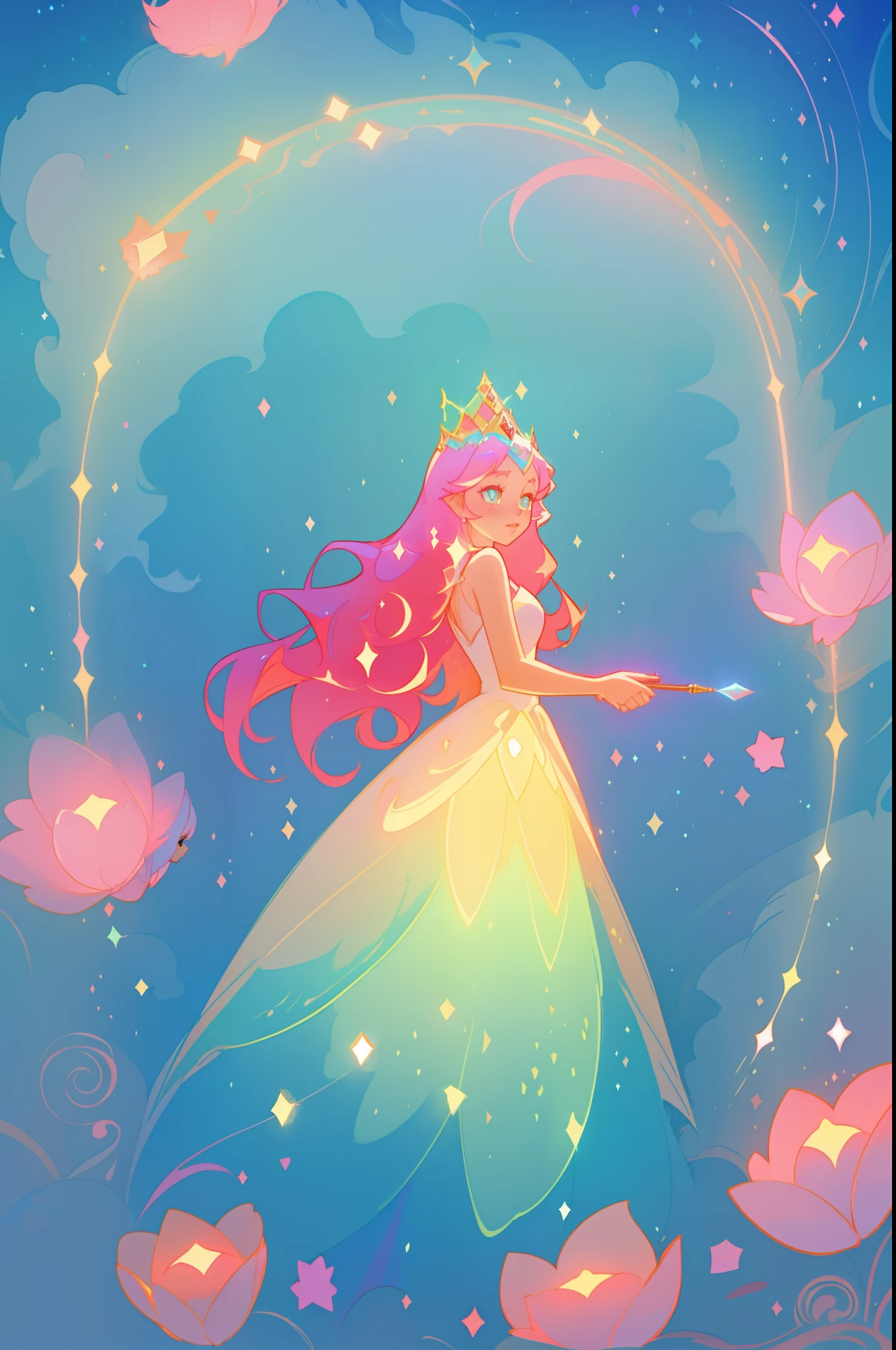 beautiful anime girl in white princess ballgown, vibrant pastel colors, (colorful), magical lights, magical flowers, red long wavy hair, sparkling lines of light, inspired by Glen Keane, inspired by Lois van Baarle, disney art style, by Lois van Baarle, glowing aura around her, by Glen Keane, jen bartel, glowing lights! digital painting, flowing glowing hair, glowing flowing hair, beautiful digital illustration, fantasia background, whimsical, magical, fantasy, beautiful face, ((masterpiece, best quality)), intricate details, highly detailed, sharp focus, 8k resolution, sparkling detailed eyes, liquid watercolor