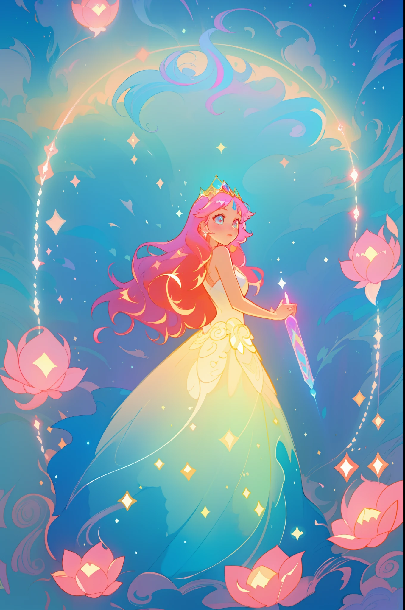 beautiful anime girl in white princess ballgown, vibrant pastel colors, (colorful), magical lights, magical flowers, red long wavy hair, sparkling lines of light, inspired by Glen Keane, inspired by Lois van Baarle, disney art style, by Lois van Baarle, glowing aura around her, by Glen Keane, jen bartel, glowing lights! digital painting, flowing glowing hair, glowing flowing hair, beautiful digital illustration, fantasia background, whimsical, magical, fantasy, beautiful face, ((masterpiece, best quality)), intricate details, highly detailed, sharp focus, 8k resolution, sparkling detailed eyes, liquid watercolor