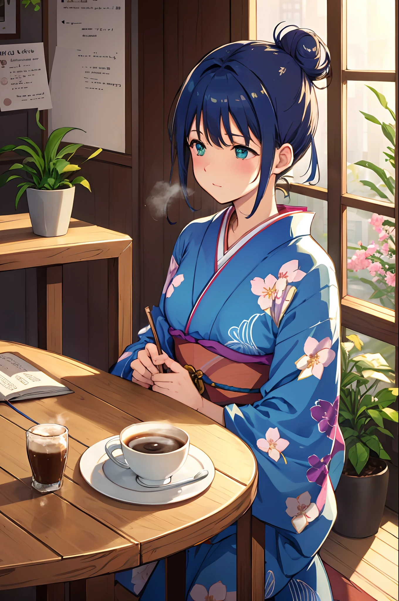 girl, coffee, cafe, table, messy bun, straw, sunlight, window, cozy, serene, floral, aesthetic, pastel, slice of life, relaxation, morning, leisure, tranquil, warm atmosphere, steam, peaceful, daydreaming, aromatic, latte art, book, potted plants, cherry blossoms, blush, contemplation, gentle, delicate, whimsical, blue hair, kimono, wave motif pattern