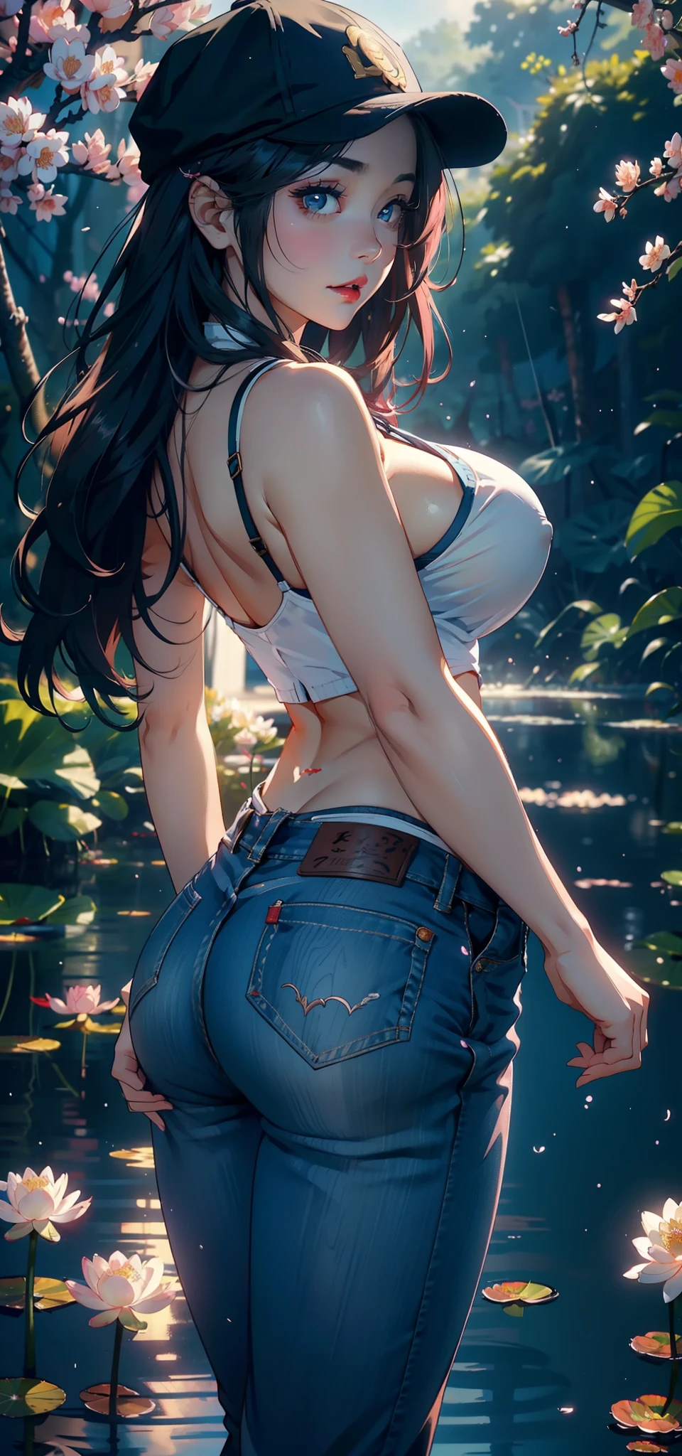 1female,45 yers old,Married Woman,熟妇,plumw,extremely large bosom, 独奏,(Background with:ponds,Cherry blossom forest,lotus flower)standing underwater, She has long pink hair,seen from the front,, mostly cloudy sky,(((tmasterpiece),(Very detailed CG unity 8K wallpaper),best qualtiy,cinmatic lighting,detailed back ground,beatiful detailed eyes,Bright pupils,Black eyes,Snow-whiteskin,Redlip(Very fine and beautiful),(Beautiful and detailed eye description),ultra - detailed,tmasterpiece,))facing at camera,A high resolution,ultra - detailed),revealing breasts,Bare genitalia, Bulge,legs are open,Raised sexy,Camel toes,Desire for dissatisfaction,frontage,(Wearing:Blue denim vest,Bare,baseball cap )
