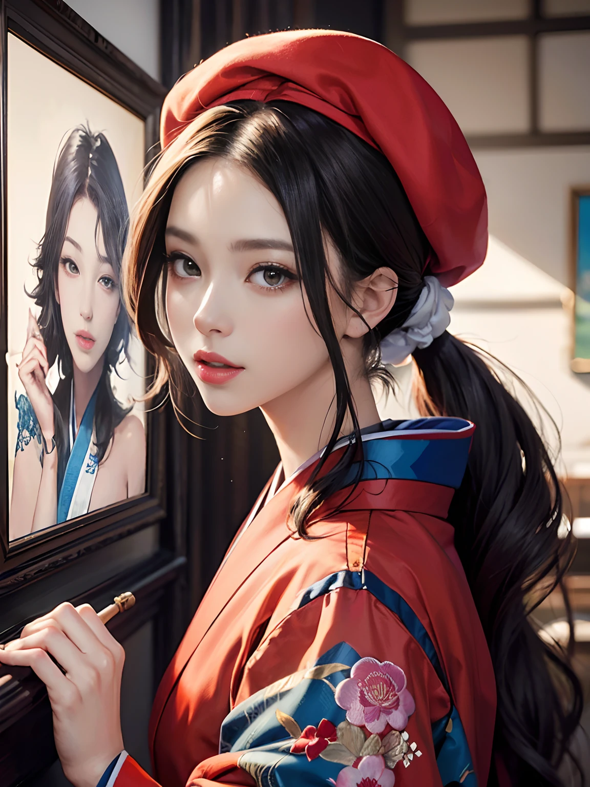 Background of details(A painting is hanging on the wall),break elaborate costume(Luxury kimono(Colorful kimono(detailed embroidery))),BREAK 1 Beautiful and Classy Adult Woman(Japanese actressl:1.2)(glossy dark hair(beret),(poneyTail:1.2))Painting, Wallpapers 16K,Blur the background,(masutepiece:1.5), (Best Quality:1.5),(Portrait photos:1.5),(full bodyesbian:1.5)