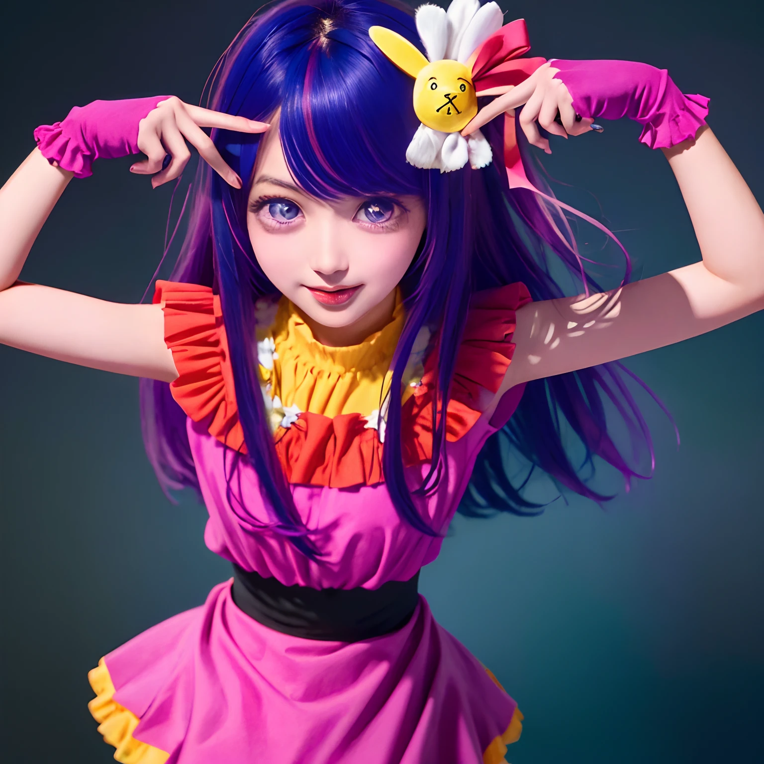 top-quality, 8K, ultra-detailliert, masutepiece, Best Quality, hight resolution, nffsw, Perfect Pixel, 1girl in, full body Esbian, cowboy shot, (Rembrandt), illustratio, (masterpiece), (top-quality), (Ultras_Detailed), finely detail, (depth of fields), HshinoAi、gloves, (put out the tongue:1.3), (put out the tongue:1.3)、The long-haired、stele\(Symbols\)、Look at viewers、(purple color hair:1.2)、a purple eye、The upper part of the body、rabbit hair ornament、:P、frilld、PINK SHIRT、A smile、Sleeveless、The shirt、Idol、Symbol-shaped pupil、raise two hands、bangss、One side up、Star-shaped pupil、with arms up、(Hoshino Ai Pose:1.2), dress pull、 Roaring 20s、Isoscale、From above、Skysky、florals、cliff、The background is on the stage