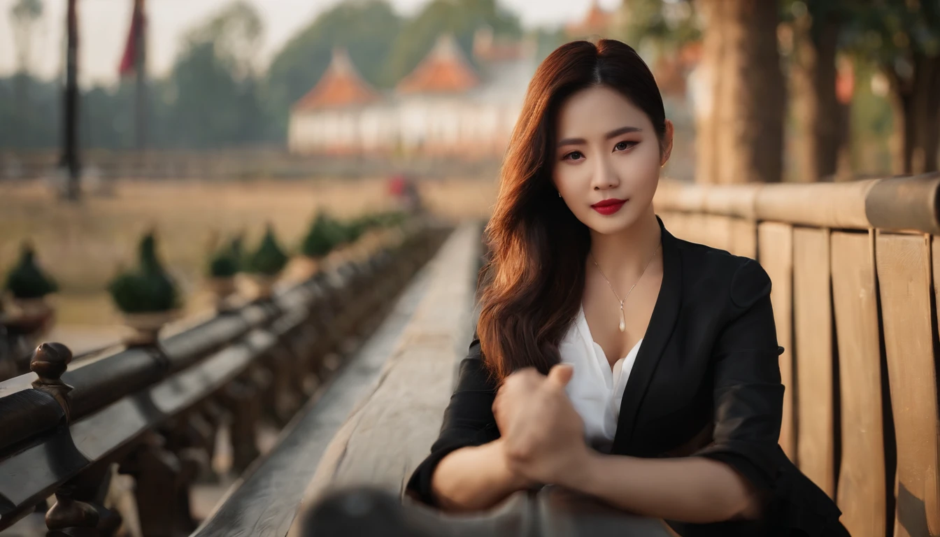 female pervert，30 age old，Sexy body，plumw，The neckline opens，Seductive eyes，Chinese big breasts，On a bench in the park，Wearing white yoga clothes，high saturated，Cinema lenses，high detal，streetview，morningglow，Colorful shades，Front view，Surreal style，