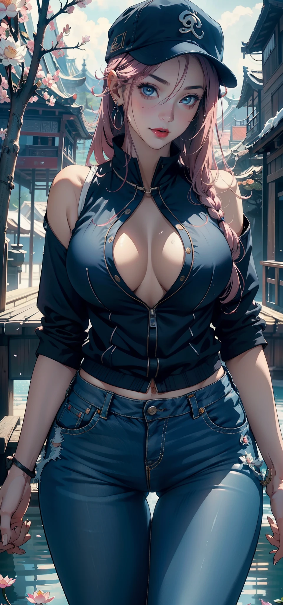 1female,45 yers old,Married Woman,熟妇,plumw,extremely large bosom, 独奏,(Background with:ponds,Cherry blossom forest,lotus flower)standing underwater, She has long pink hair,seen from the front,, mostly cloudy sky,(((tmasterpiece),(Very detailed CG unity 8K wallpaper),best qualtiy,cinmatic lighting,detailed back ground,beatiful detailed eyes,Bright pupils,Black eyes,Snow-whiteskin,Redlip(Very fine and beautiful),(Beautiful and detailed eye description),ultra - detailed,tmasterpiece,))facing at camera,A high resolution,ultra - detailed),revealing breasts,Bare genitalia, Bulge,legs are open,Raised sexy,Camel toes,Desire for dissatisfaction,frontage,(Wearing:Blue denim vest,Bare,nakeness,baseball cap )