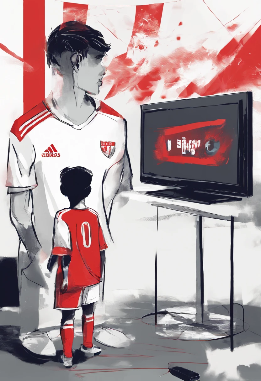 A little boy is watching a football match on TV. His t-shirt is white with vetical red lines. The name Diegois written on the t-shirt and the number of the t-shirt is 10.