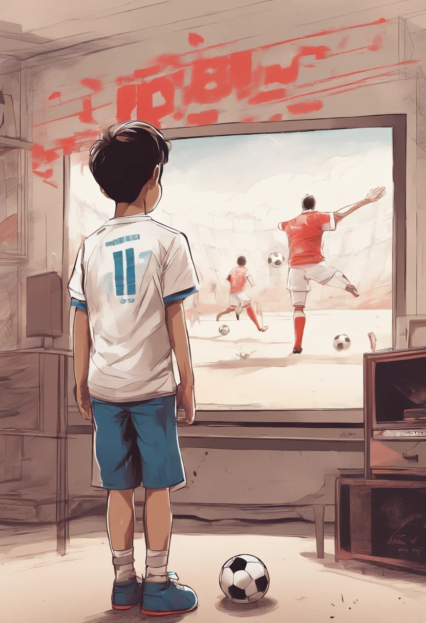 A is watching a football match on TV. His t-shirt is white with vetical red lines. The name Diegois written on the t-shirt and the number of the t-shirt is 10.