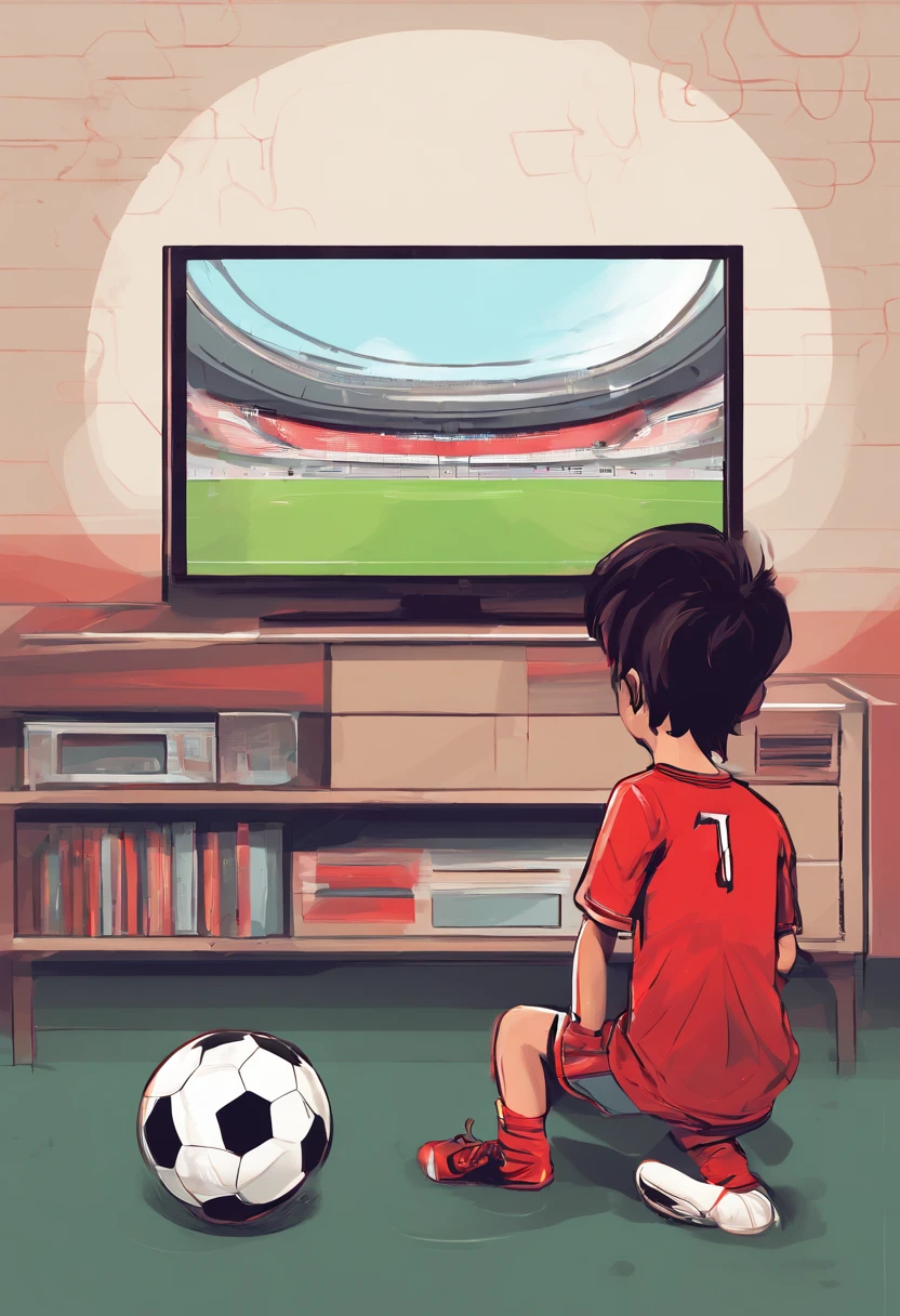 A little boy is watching a football match on TV. His t-shirt is white with vetical red lines. The name Diegois written on the t-shirt and the number of the t-shirt is 10.
