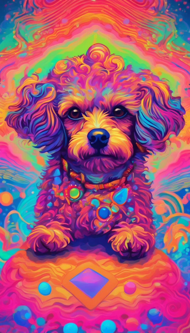 A toy poodle with neon makeup and headdress , Arte transgresor, foco nítido, 8 mil, Renderizado de octanaje , Colores saturados, Colores pastel