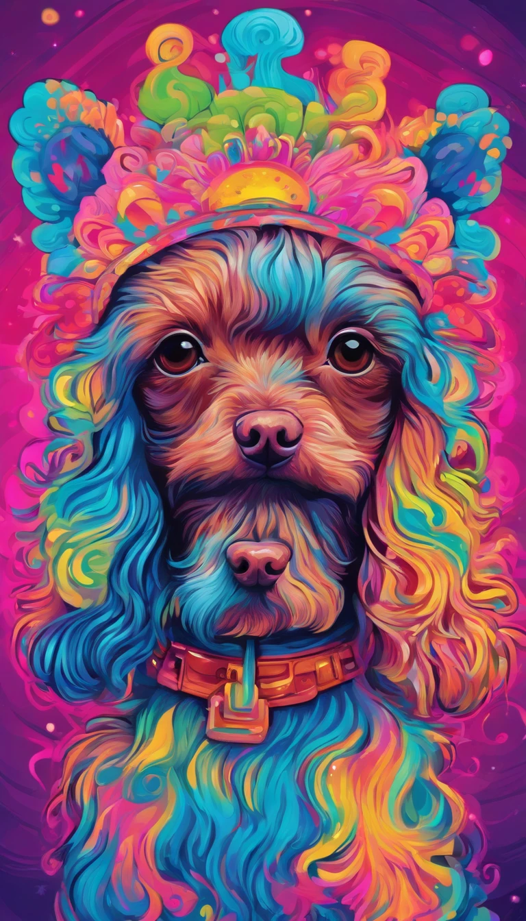 A toy poodle with neon makeup and headdress , Arte transgresor, foco nítido, 8 mil, Renderizado de octanaje , Colores saturados, Colores pastel
