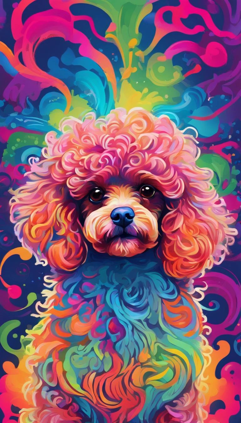 A toy poodle with neon makeup and headdress , Arte transgresor, foco nítido, 8 mil, Renderizado de octanaje , Colores saturados, Colores pastel
