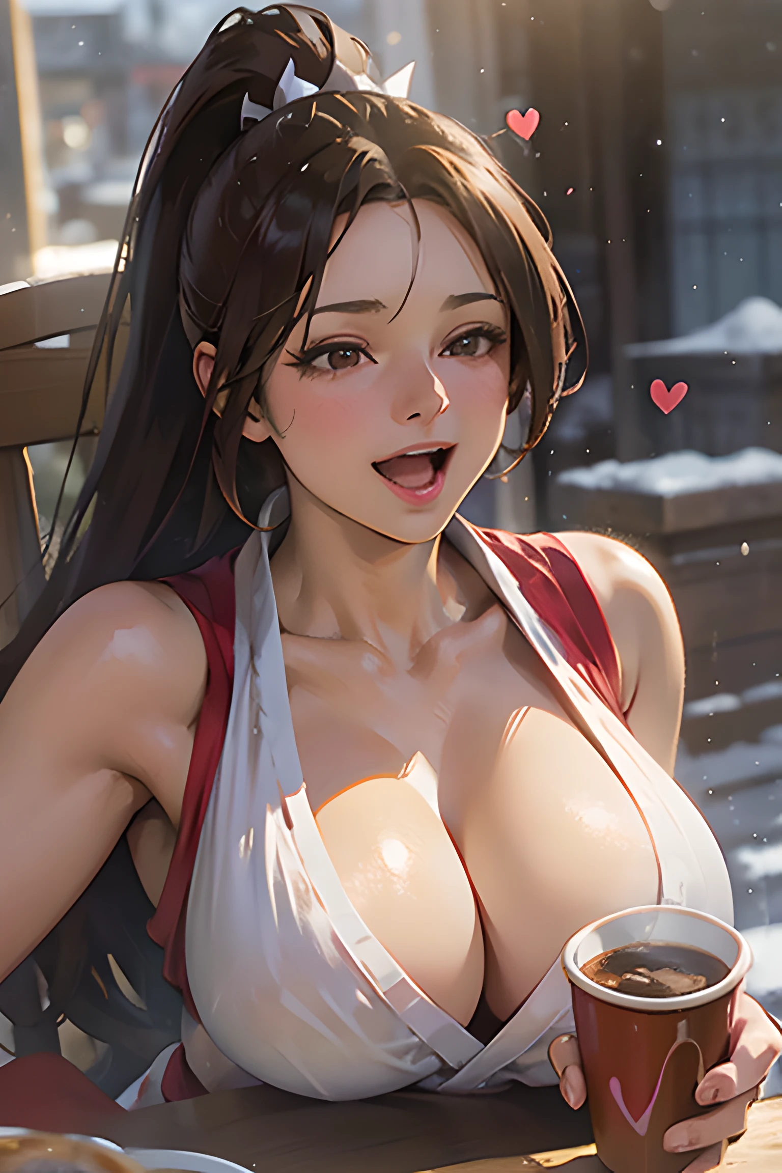 stunning , cel shading,oil painting,((post-impressionist)),(face upward:1.2),Post Impressionist,Droplets,well,soft lighting,COOL,extreme close shot,looking through window,snow outdoor,(drinking coofe), (establishing shot:1.5),long hair, brown hair, shiranui mai,(( red Birch Pullover)),upper body, (huge Laughing:1.1), (open mouth:1.1), open eyes, sun glare, bokeh, depth of field, blurry background, light particles, strong wind, (heart particles:1.2),nose blush,((cleavage)),looking at viewer,large breast:1.2,