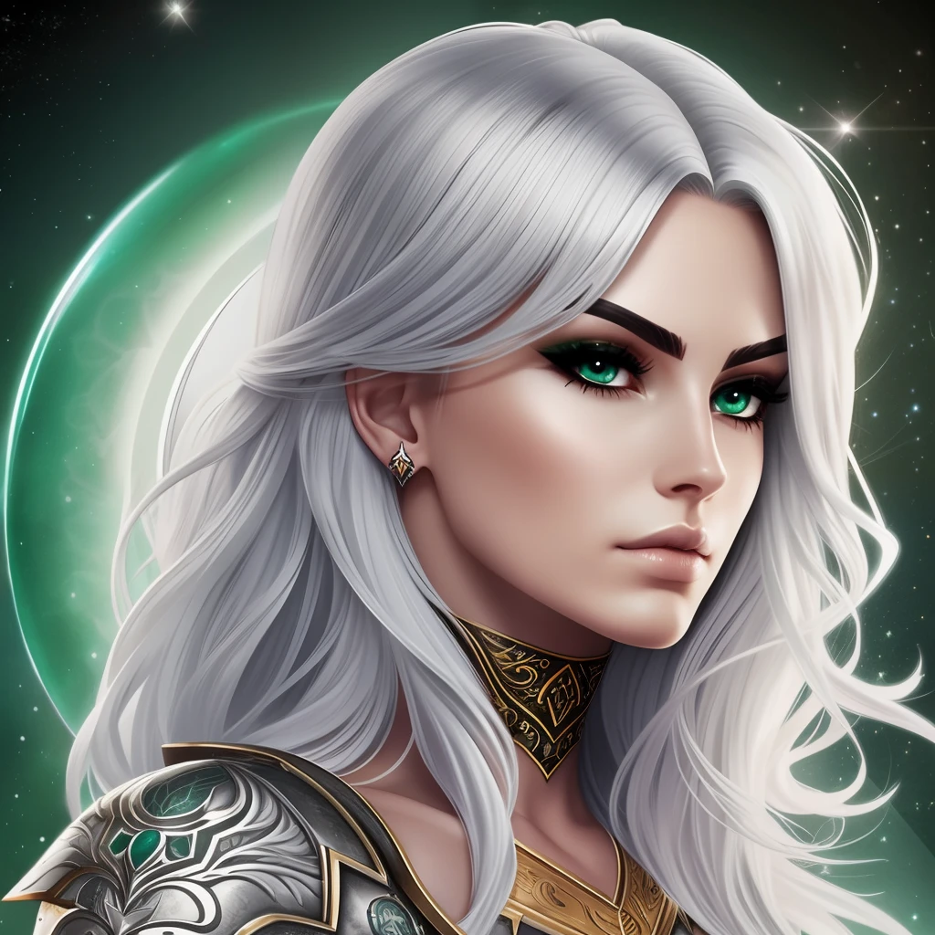 silver hair emerald eye warrior high warlock female tattoo high cheekbone strong expression angelic quality --auto --s2